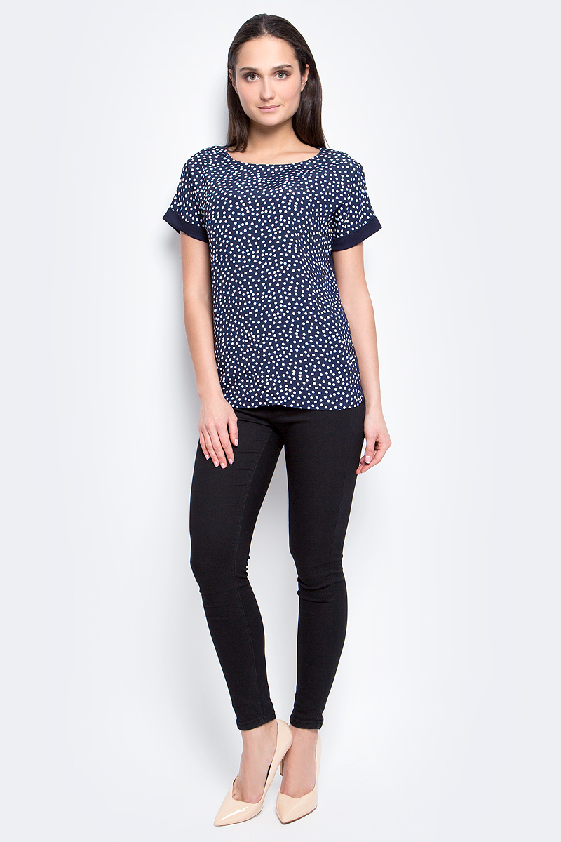 Блузка женская Baon, цвет: темно-синий. B237006. Размер L (48)B237006_Dark Navy Блузка женская Baon, цвет: темно-синий. B237006. Размер L (48)B237006_Dark NavyБлузка женская Baon выполнена из вискозы с добавлением полиэстера. Модель с круглым вырезом горловины и короткими рукавами оформлена принтом в горох.
