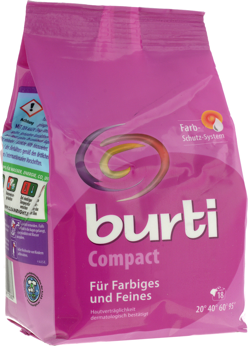 Порошок стиральный Burti Compact, для цветного и тонкого белья, концентрат, 893 г269580090 Порошок стиральный Burti Compact, для цветного и тонкого белья, концентрат, 893 г269580090Великолепный стиральный порошок Burti Compact для экономичного ухода с защитой цвета и волокон. Освежает цвет и эффективно удаляет трудновыводимые пятна: какао, молоко, соусов, яиц, крови и пота. Идеален для цветного и тонкого белья, так как содержит новую формулу, которая сохраняет как яркость цвета, так и оттенки пастельных тонов. Отстирывает и ухаживает за тонким высококачественным текстилем, даже в холодной воде. Оптимальная комбинация энзимов бережно ухаживает за бельем и делает ткань более гладкой. Вы можете доверять щадящему уходу за цветом, а так же вы можете забыть неприятную тему размытого рисунка - равно как линьку и блеклость. Порошок обладает системой анти-пилинг, которая предотвращает образование катышков, портящих вид ткани. Подходит для ручной стирки и стирки в автоматических стиральных машинах.Стиральный порошок Burti Compact - дерматологически тестирован, гигиеничен и гипоаллергенен.Товар сертифицирован.