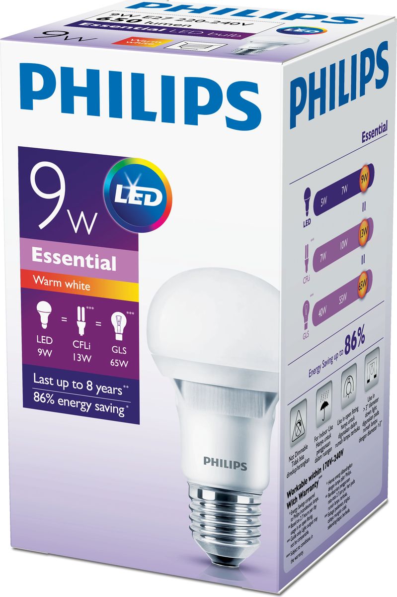 Лампа светодиоидная Philips Ess LED bulb, матовая, цоколь E27, 9W, 6500K871869666129100 Лампа светодиоидная Philips Ess LED bulb, матовая, цоколь E27, 9W, 6500K871869666129100Современные светодиодные лампы LED bulb экономичны, имеют долгий срок службы и мгновенно загораются, заполняя комнату светом. Лампа классической формы и высокой яркости позволяет создать уютную и приятную обстановку в любой комнате вашего дома.Светодиодные лампы потребляют на 86% меньше электроэнергии, чем обычные лампы накаливания, излучая при этом привычный и приятный свет. Срок службы светодиодной лампы LED bulb составляет не менее 25 000 часов, благодаря чему менять лампы приходится значительно реже, что сокращает количество отходов. Лампа имеет минимальный уровень пульсации, полностью безопасна и комфортна для глаз. Напряжение: 220-240 В.