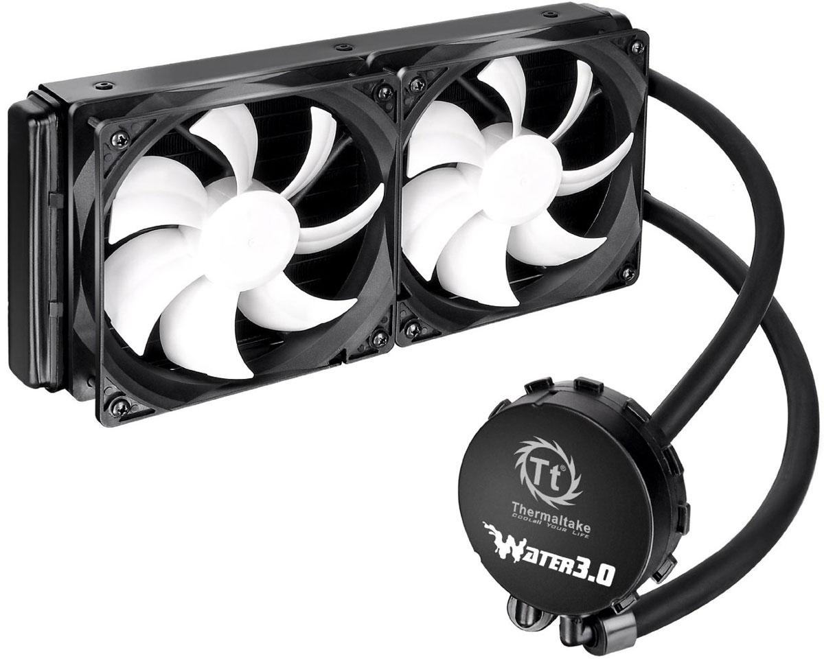 Thermaltake Water 3.0 Extreme S система охлаждения для игрового компьютераCLW0224-B Thermaltake Water 3.0 Extreme S система охлаждения для игрового компьютераCLW0224-BСистема охлаждения Thermaltake Water 3.0 Extreme S создана специально для нужд компьютерных энтузиастов ценящих высочайшую производительность и эффективное охлаждение.Благодаря этой системе, ваш центральный процессор будет нагреваться гораздо меньше в самых экстремальных условиях разгона, что позволит по максимуму раскрыть потенциал вашего ПК.Выполненный из меди массивный теплосъемник позволяет наиболее быстро отводить тепло с поверхности центрального процессора, при этом его размер достаточно мал, что позволяет улучшить воздухопоток внутри корпуса.Специально спроектированный 240 мм радиатор для одновременного обдува сразу двумя 120мм вентиляторами позволит максимально быстрого отвода тепла.В качестве активного охлаждения используются два 120мм охлаждающих вентилятора с ШИМ регулировкой оборотов (1200-2000об/мин).Благодаря использованию мощной помпы (с фиксированной скоростью вращения крыльчатки) встроенной в блок с медным теплосъемником, охлаждающая жидкость циркулирует быстро и позволяет быстро охладить ваш CPU.Серия Water 3.0 воплотила в себе все современные технологии от Thermaltake. Процесс установки очень прост и даже не требует использования специальных инструментов.