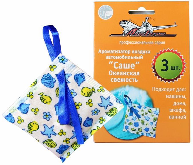 Ароматизатор автомобильный Airline Саше, океанская свежесть, 3 штAF-S01-OF Ароматизатор автомобильный Airline Саше, океанская свежесть, 3 штAF-S01-OFПреимуществом ароматизатора Airline Саше является возможность поместить его в любой части автомобиля на горизонтальной или вертикальной поверхности. Ароматизатор изготовлен в компактном размере, а также имеет яркий морской принт на внешней стороне изделия. Аромат океанской свежести поможет избавить салон от неприятных запахов. В наборе представлены ароматизаторы в количестве 3 штук.Ароматизатор подходит для машины, дома, шкафа и ванной.