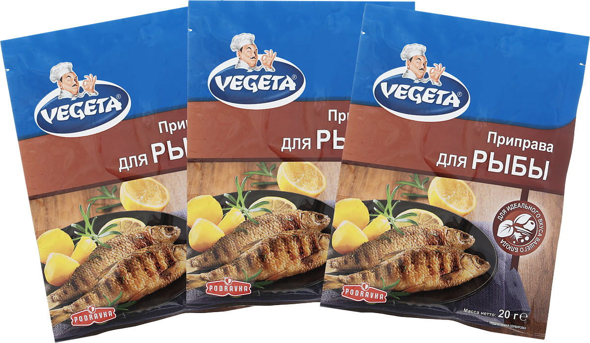 Vegeta приправа для рыбы, 3 пакета по 20 г3110155 Vegeta приправа для рыбы, 3 пакета по 20 г3110155Независимо от того, с какой рыбой вы имеете дело - морской или речной, собираетесь ли вы ее варить или жарить, эта вкусная комбинация душистых трав и сушеных овощей подчеркнет самые лучшие нюансы вкуса рыбы и поможет вам приготовить отличное блюдо. Обогащает вкус морской и пресноводной рыбыПрактичная и простая в применении приправаИсключительная комбинация душистых трав и сушеных овощей, которая облагораживает рыбу