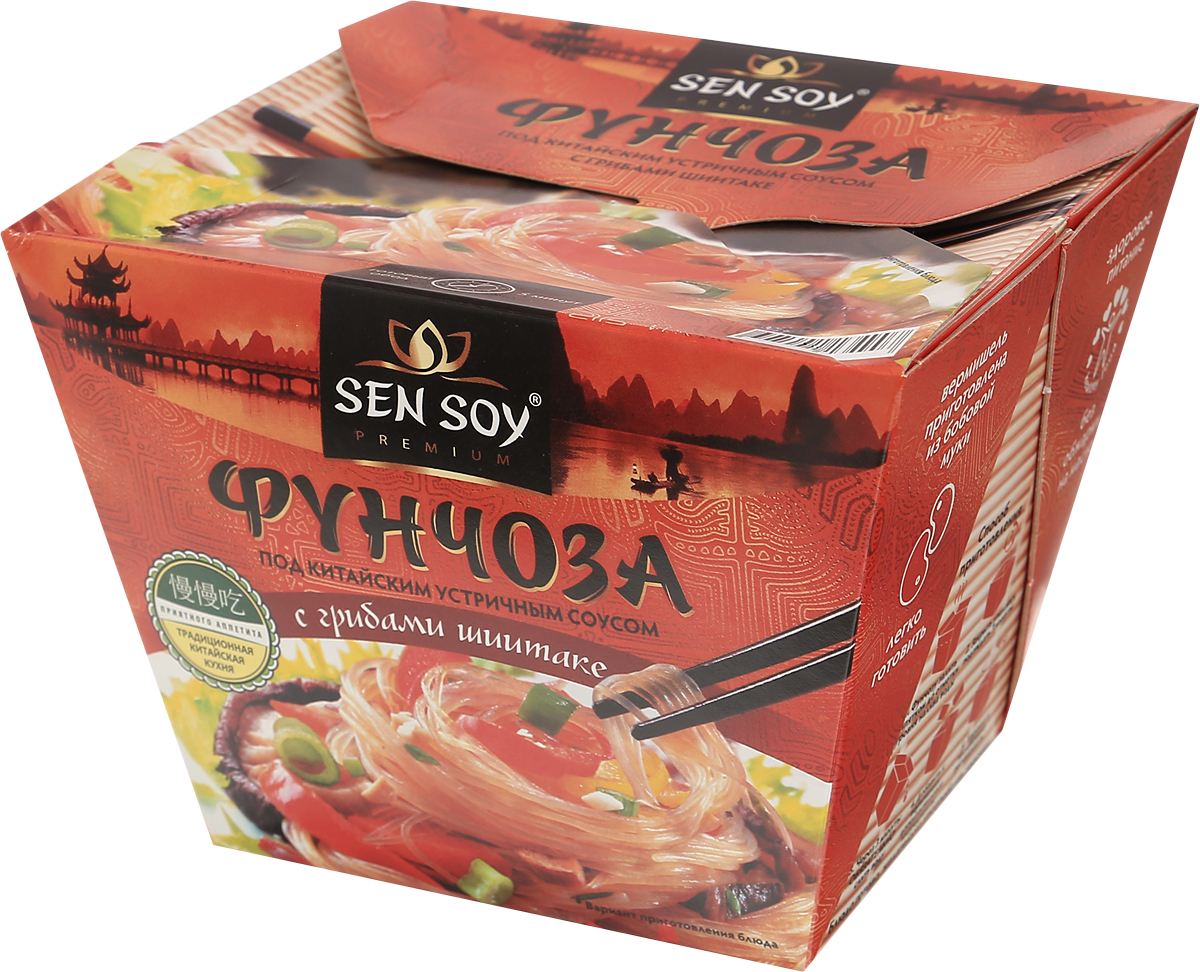 Sen Soy Вермишель фунчоза под китайским устричным соусом, 125 г4607041134907 Sen Soy Вермишель фунчоза под китайским устричным соусом, 125 г4607041134907Вермишель Фунчоза под китайским устричным соусом с грибами шиитаке - самый быстрый способ приготовить изысканный обед в китайской стиле. Основой блюда служит один из самых известных продуктов восточной кухни – бобовая вермишель Фунчоза. Фунчозу нужно просто залить кипятком, приправить оригинальным соусом – и неповторимое блюдо китайской кухни готово! Настоящий китайский соус представляет собой необычное сочетание экзотических ингредиентов - соевого соуса и устричного соусов, японского древесного гриба, грибов шиитаке и зеленого лука. Приправленная этим соусом Фунчоза - горячая, упругая, прозрачная и нежная – словно рождается вновь, обретая яркий вкус и аромат целой симфонии фруктовых, пикантных и пряных ноток