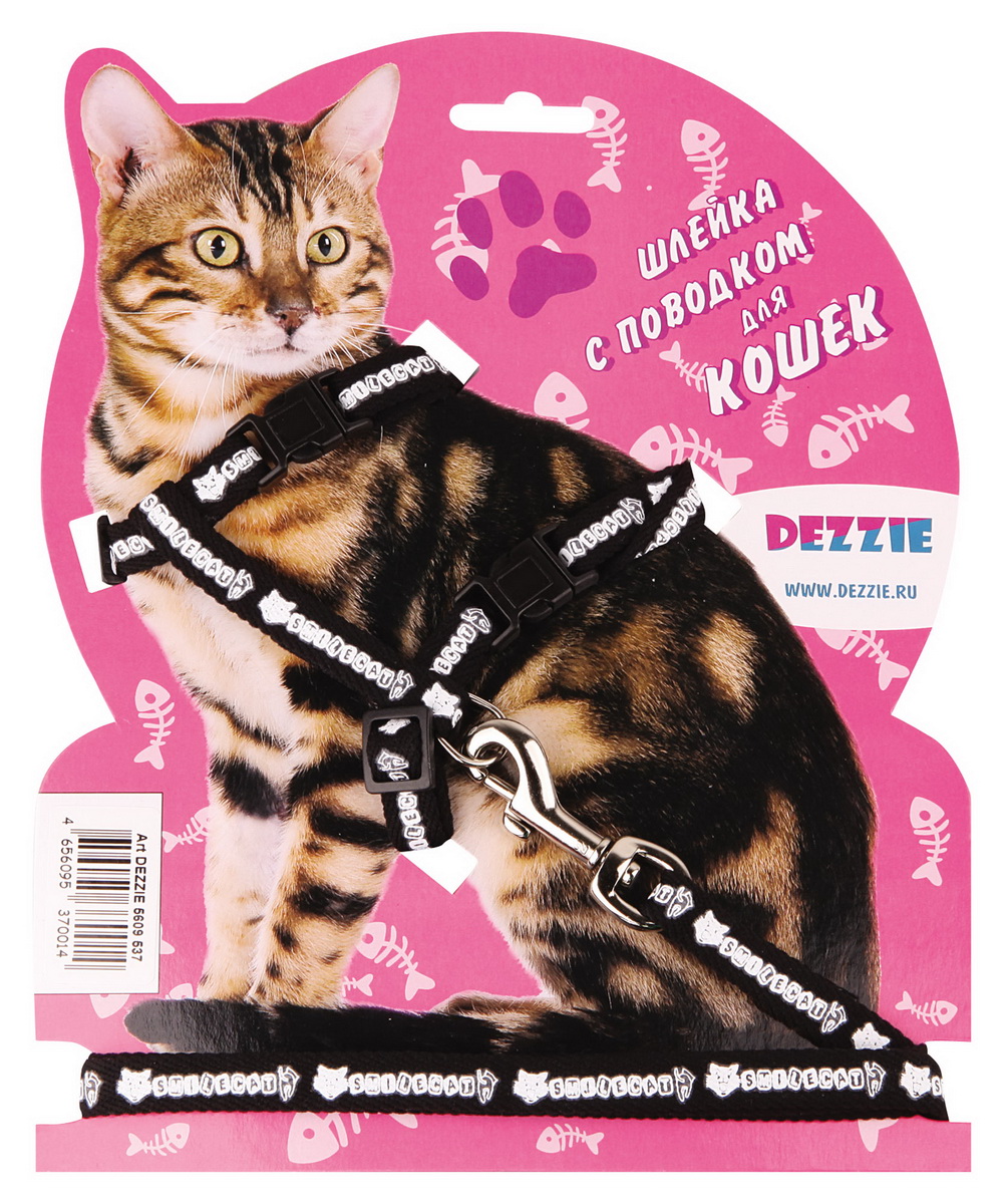Шлейка для кошек Dezzie, с поводком, ширина 1 см, обхват груди 27-46 см, цвет: черный, белый. 56095395609539 Шлейка для кошек Dezzie, с поводком, ширина 1 см, обхват груди 27-46 см, цвет: черный, белый. 56095395609539Шлейка Dezzie, изготовленная из прочного нейлона, подходит для кошек малых размеров. Крепкие пластиковые элементы делают ее надежной и долговечной. Обхват шлейки регулируется при помощи пряжек. В комплект входит поводок из нейлона, который крепится к шлейке с помощью металлического карабина. Шлейка и поводок оформлены изображением. Шлейка - это альтернатива ошейнику. Правильно подобранная шлейка не стесняет движения питомца, не натирает кожу, поэтому животное чувствует себя в ней уверенно и комфортно.Обхват груди: 27-46 см.Ширина шлейки/поводка: 1 см.Длина поводка: 120 см.Длина ошейника: 27-46 см.