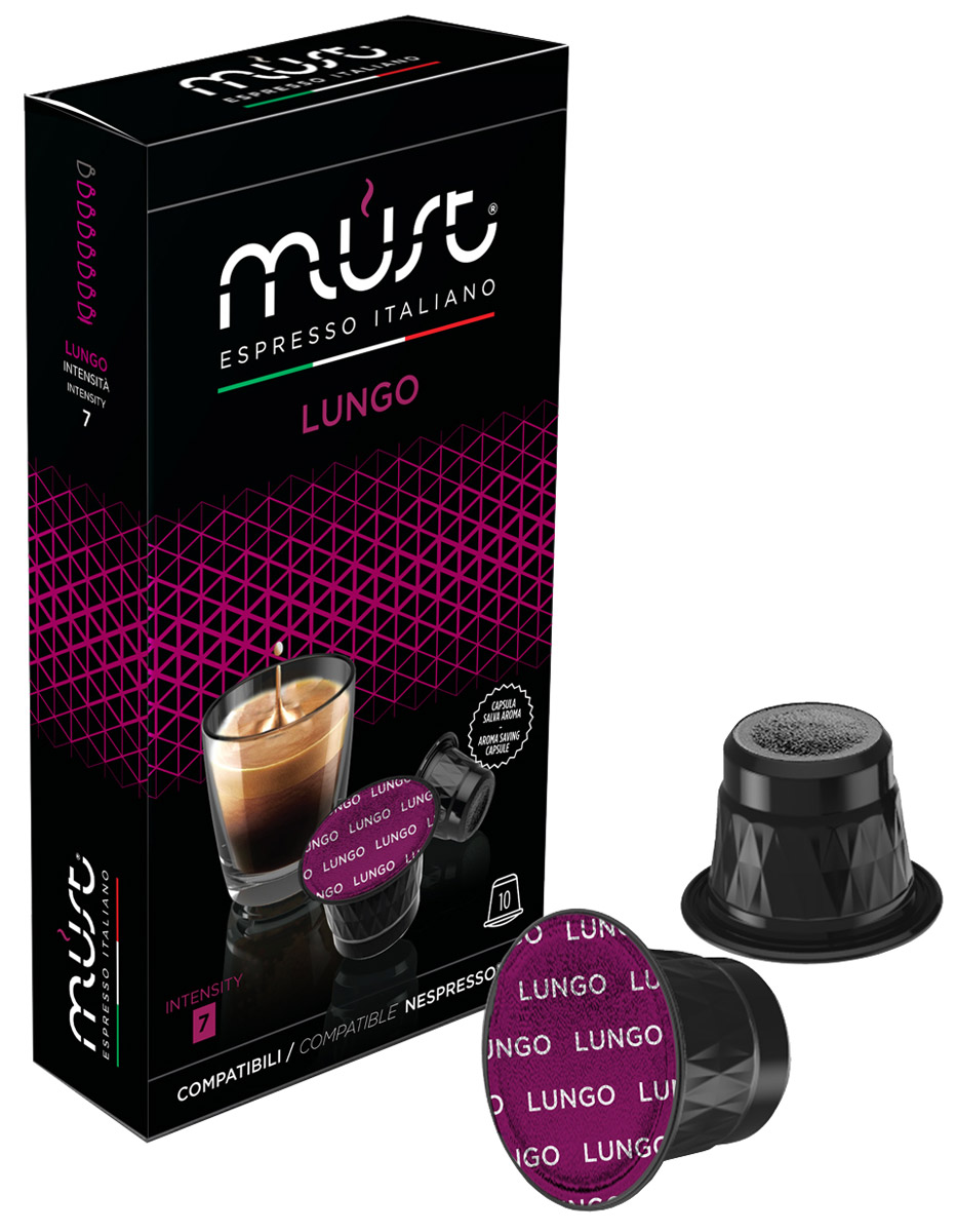 MUST Lungo кофе капсульный, 10 шт8056370761050 MUST Lungo кофе капсульный, 10 шт8056370761050MUST Lungo - это сбалансированная кофейная смесь для приготовления напитка большого объема. Вы почувствуете аромат какао и миндаля, нежный и бархатистый вкус, а в послевкусии ощущаются нотки орехов.Уважаемые клиенты! Обращаем ваше внимание на то, что упаковка может иметь несколько видов дизайна. Поставка осуществляется в зависимости от наличия на складе.