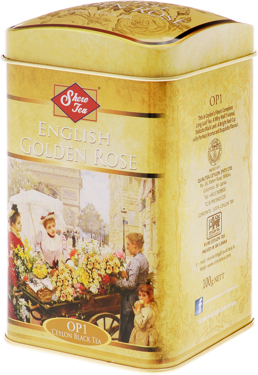 Shere Tea Английская золотая роза чай черный листовой, 100 г4791014010593 Shere Tea Английская золотая роза чай черный листовой, 100 г4791014010593Листья для этого чая собирают с кустов после того, как почки полностью раскрываются. Для этого сорта собирают первый и второй лист с ветки. В сухой заварке листья должны быть крупными (от 8 до 15 мм), однородными, хорошо скрученными. Этот сорт имеет достаточно высокое содержание ароматических масел, поэтому настой чая очень ароматен. Также этот чай имеет характерный вкус с горчинкой благодаря большому содержанию дубильных веществ.В конце аббревиатуры стандарта можно увидеть цифру 1. Эта цифра обозначает более высокое качество, чем среднее, более высокое содержание типсов, самые отборные листья, очень ровную и особенно аккуратную скрутку листьев. Чай Shere Tea Английская золотая роза имеет яркий, прозрачный и интенсивный настой. Вкус полный, терпкий, слегка вяжущий. Аромат чая полный, приятный, выражен достаточно ярко.Знак в виде Льва с 17 пятнышками на шкуре - это гарантия Цейлонского Чайного Бюро на соответствие чая высокому стандарту качества, установленному Правительством и упакованному только в пределах Шри-Ланки.