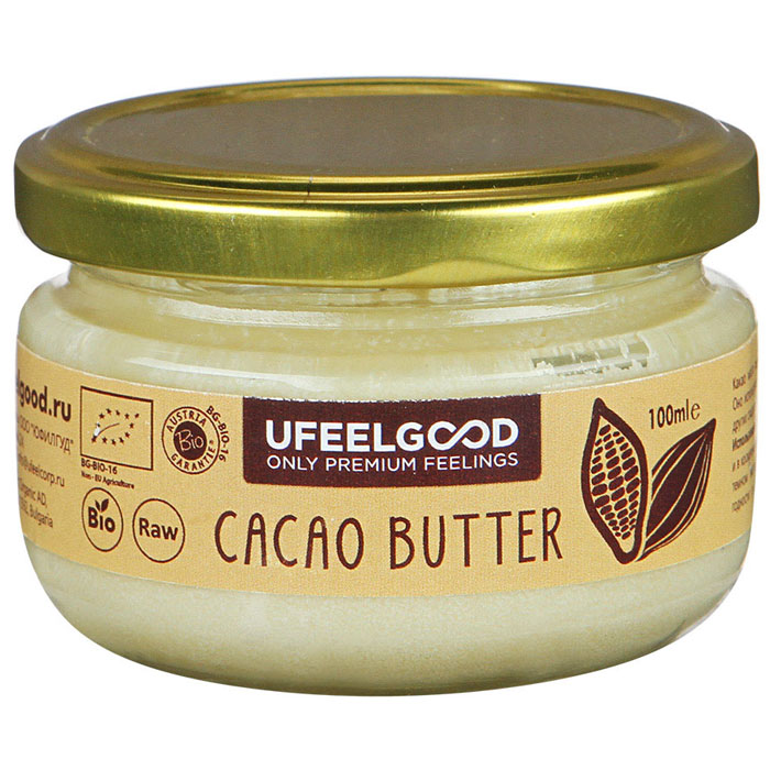 UFEELGOOD Cacao Butter какао масло органическое, 100 мл4680016091405 UFEELGOOD Cacao Butter какао масло органическое, 100 мл4680016091405Данное какао масло прошло сертификацию, оно является необработанным натуральным продуктом. Масло из какао бобов получают путём холодного прессования, что позволяет сохранять и сконцентрировать в масле все полезные свойства растения. Масло какао обладает многими полезными свойствами:Замедляет старение кожи,Восстанавливает водный баланс,Разглаживает морщины,Поддерживает здоровье сердца,Снижает кровяное давление,Снижает угрозу сердечно-сосудистых заболеваний.Какао масло рекомендуют употреблять не только в пищу, но и наружно для местного увлажнения, смягчения кожи. Оно эффективно при лечении дерматита, помогает при появлении шрамов, растяжек. Наше перуанское какао масло признано самым вкусным и полезным шоколадным продуктом. Оно исключает добавление химических усилителей вкуса и сахаров.