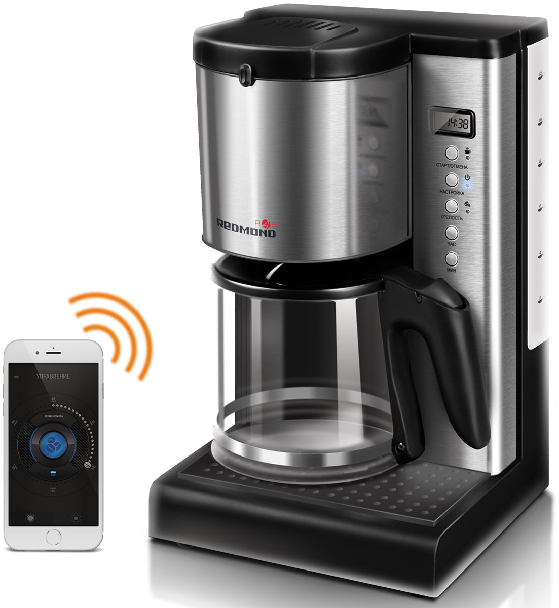 Redmond SkyCoffee RCM-M1509S умная кофеваркаRCM-M1509S Redmond SkyCoffee RCM-M1509S умная кофеваркаRCM-M1509SКофеварка Redmond M1509S – это современная кофемашина для дома и офиса, ее объемного кувшина для воды (1,5 л) хватит на 12-15 чашек эспрессо одновременно. Если вы хотите выпить чашечку горячего кофе, как только придете на работу или домой, начните его приготовление по пути!Умная кофемашина управляется как через бесплатное мобильное приложение Ready for Sky Home на вашем смартфоне, так и с панели прибора. С любого расстояния легко включить прибор, запустить приготовление кофе, выбрать крепость напитка, задать таймер включения (до 24 часов), а также заблокировать ручное включение M1509S, что особенно актуально для семей с маленькими детьми.Smart кофеварка отличается стильным дизайном и компактными размерами. Корпус прибора изготовлен из высококачественного пластика с элементами из нержавеющей стали, а кувшин для готового напитка – из термостойкого стекла.В смарт кофеварке предусмотрена удобная система Антикапля. Кофе не прольется на поддон, даже если вы снимете кувшин кофеварки до того, как она завершит работу.Система автооключения и защита от перегрева обеспечивают безопасное использование smart кофемашины.