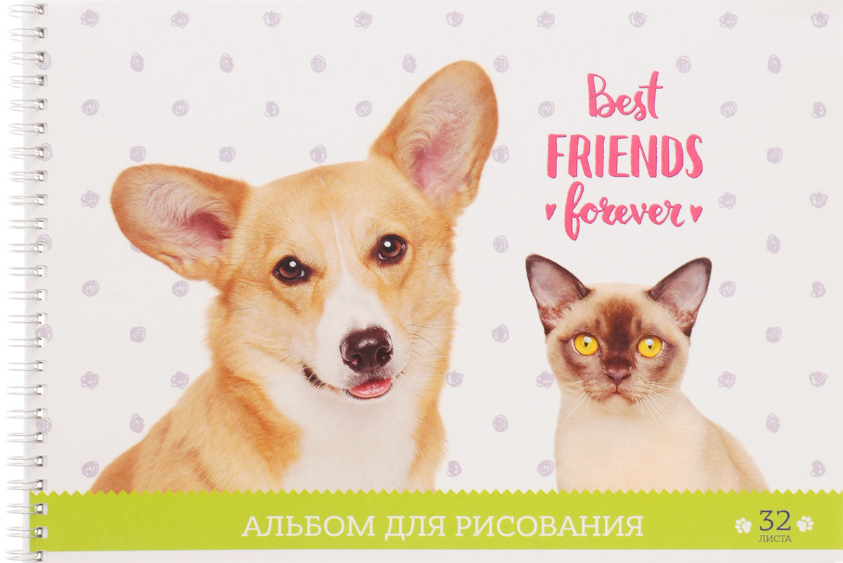 ArtSpace Альбом для рисования Best Friends Forever 32 листаА32спВЛ_9169_белый,зеленый ArtSpace Альбом для рисования Best Friends Forever 32 листаА32спВЛ_9169_белый,зеленыйАльбом ArtSpace Best Friends Forever подходит для рисования различными типами красок, фломастерами, цветными и черно-графитными карандашами, гелевыми ручками. Он имеет формат А4, а его обложка изготовлена из импортного мелованного картона с красивыми изображениями кошки и собаки. Такой альбом для рисования будет вдохновлять вашего ребенка на творческий процесс. Внутренний блок состоит из 32 листов офсетной бумаги на спирали.Занимаясь изобразительным творчеством, ребенок тренирует мелкую моторику рук, становится более усидчивым и спокойным.