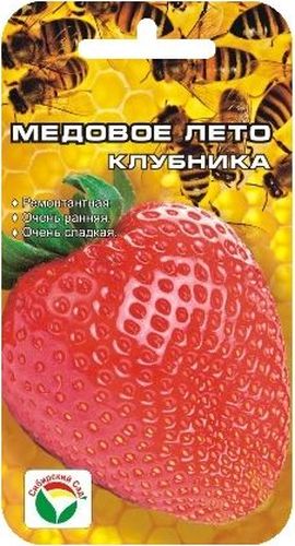 Семена Сибирский сад Клубника. Медовое лето, 5 штBP-00000235 Семена Сибирский сад Клубника. Медовое лето, 5 штBP-00000235Новый крупноплодный ремонтантный сорт, выгодно отличающийся суперранними сроками плодоношения, суперсладким вкусом и сильным ароматом ягод. Сорт нейтрального дня, формирует плодоносящие усы в год посадки, обеспечивая дружную отдачу урожая дважды в сезон. С каждого куста можно собрать до 900 грамм сладких красивых ягод, выровненных по форме и размеру вне зависимости от их количества на ветви. При хорошем уходе первый урожай можно получать уже в начале июня. Основное достоинство сорта во вкусе и аромате ягод, в ранних сроках созревания и плотной консистенции мякоти, допускающей долговременную транспортировку. Кусты этого сорта требуют больше места, т.к. с усами занимают площадь почти 0,7 м2. В открытом грунте или на стеллажах в теплицах, когда корневая система развивается беспрепятственно, кисти вырастают длинной до 40-45 см, что придает дополнительную декоративность растению. Сорт можно выращивать и в подвесных емкостях, обеспечивая ежедневный полив и регулярные подкормки. Важнейшее условие получения высоких урожаев для данного сорта – регулярные обильные поливы и органические подкормки не реже 1 раза в неделю.Внимание! Семена клубники туговсхожие! Необходимо строго соблюдать посевной режим! Всходы чаще всего появляются неравномерно в течение 30-40 дней (до 60 дней).Сеять семена на рассаду можно в различное время года, однако лучшее время для посева - зима (конец января - март). Подготовка почвенной смеси заключается в следующем: 3 части песка перемешивают с 5 частями рассыпчатого перегноя и прогревают в духовом шкафу 3-4 часа при температуре 90-100°С. Семена аккуратно раскладывают на поверхности слегка уплотненного и увлажненного грунта, накрывают слоем снега толщиной 5 см, сверху горшочки закрывают пленкой для предотвращения пересыхания почвы. На 3-5 дней посевные горшочки ставят в холодное место (температура 0...+5°C), затем для прорастания семена держат при постоянной температуре +22°С, не допуская пересыхания почвы.В фазе 1 -2 настоящих листьев сеянцы пикируют в горшочки и снижают температуру до +14...+16°С. Пересадку в грунт производят после появления 6-го настоящего листа.