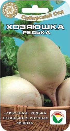 Семена Сибирский сад Редька. Хозяюшка китайская, 1 гBP-00000400 Семена Сибирский сад Редька. Хозяюшка китайская, 1 гBP-00000400Среднеспелый сорт редьки с необычным цветом мякоти. Период от всходов до уборки урожая 65-75 дней.Розетка листьев прямостоячая. Корнеплод цилиндрической формы, длиной 10-12 см, диаметром 7-9 см, со светло-зеленой поверхностью. Мякоть сочная, розовая. Масса корнеплода 100-150 г. Вкусовые качества хорошие. Урожайность 3-3,5 кг/м2. Рекомендуется для выращивания в открытом грунте в летне-осенний период. Корнеплоды хорошо хранятся зимой.Редьку для летнего потребления сеют в начале мая. Для осенне-зимнего - в конце июня-начале июля, рядами, с шириной междурядий 45 см. После прореживания между растениями для летнего потребления оставляют 5 см, для зимнего хранения - 8- 10 см. Уход заключается в регулярных прополках, рыхлениях междурядий (каждые 2 недели), прореживании всходов, удобрении и поливах.