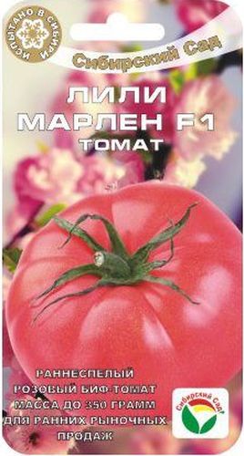 Семена Сибирский сад Томат. Лили Марлен, 20 штBP-00000562 Семена Сибирский сад Томат. Лили Марлен, 20 штBP-00000562Розовоплодный томат, сочетающий в себе качества раннеспелости, высокоурожайности, непревзойденной красоты и высокой товарности тяжелых мясистых плодов. Растение индетерминантное, высотой до 2 м, требует подвязки и формирования в 1-2 стебля. Первое соцветие закладывается над 6-8 листом, последующие через 2 листа. Начало созревания на 95-105 день от появления всходов. В кисти по 4-5 плоскоокруглых, гладких плода розового цвета, без зеленого пятна у плодоножки, массой 220-350 г. Мякоть плотная, сахарная, с высокими вкусовыми характеристиками, универсального назначения. Потенциальная урожайность 15,7-19,8 кг/м2. Гибрид достаточно устойчив к основным заболеваниям томатов, рекомендован для выращивания в защищенном грунте. При необходимости защиты от фитофтороза и альтернариоза рекомендуется проводить профилактические обработки томатов.