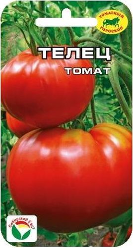 Семена Сибирский сад Томат. Телец, 20 штBP-00000674 Семена Сибирский сад Томат. Телец, 20 штBP-00000674Среднеранний крупноплодный сорт для открытого грунта и пленочных теплиц. От всходов до начала созревания 112 дней. Растение детерминантное, высотой 85-95 см. Первое соцветие формируется над 8-9 листом, последующие через 1-2 листа. Томаты очень крупные, 300-600 г, некоторые до 700 г. Плоды округлые, глянцевые, малиновой окраски, мясистые, при этом практически не растрескиваются, а благодаря толстой стенке - до 1 см - долго лежат и прекрасно дозревают.Вкусовые качества замечательные. Урожайность сорта до 6 кг с 1 м2. Сорт выращивается на подвязке к шпалере либо к колу. Для улучшения опыления необходимо периодически встряхивать растение. Посев на рассаду производят за 50-60 дней до высадки растений на постоянное место. Оптимальная постоянная температура прорастания семян 23-25°С. При высадке в грунт на 1 м2 размещают 3 растения. Сорт хорошо реагирует на полив и подкормки комплексными минеральными удобрениями. Выращивается в 1-2 стебля с подвязкой и пасынкованием. Для ускорения процесса всхожести семян, оздоровления растений, улучшения завязываемости плодов рекомендуется пользоваться специально разработанными стимуляторами роста и развития растений.