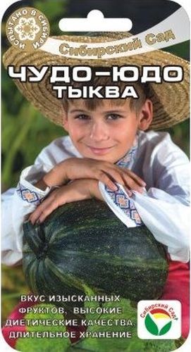 Семена Сибирский сад Тыква. Чудо-юдо, 4 штBP-00000733 Семена Сибирский сад Тыква. Чудо-юдо, 4 штBP-00000733Среднеспелый сорт мускатной тыквы с отличными вкусовыми характеристиками. Эта чудо-тыква обладает исключительно высоким содержанием каротина и сахаров, может употребляться в свежем виде как сладкие фрукты! Вегетационный период от всходов до созревания 120 дней. Растение мощное, длинноплетистое. Плоды овальные, слабосегментированные, массой 6-8 кг, способны длительно храниться в зимний период. Окраска фона коры зелено - оранжевая, различной интенсивности, с серым налетом и сетчатым рисунком. Мякоть ярко-оранжевого цвета с красным оттенком, обладает исключительно высоким содержанием каротина - 25,5 мг%, содержание сахаров - 4,25%, необыкновенно вкусная даже в сыром виде. Использование универсальное: приготовление свежих салатов, запекание, переработка на сок. Предпочитает супесчаные и легкосуглинистые почвы (чаще всего тыкву высаживают на компостные кучи). Выращивают прямым посевом в грунт либо рассадным способом через 25-30 дневную рассаду, когда минует угроза заморозков. Посев семенами в грунт при t почвы до 10-12°С, на глубину 3-5 см. Схема посадки 70x70 см. Для получения обильных урожаев необходима прищипка боковых плетей, прищипка главного стебля (после завязывания нескольких плодов), полив, прополка, рыхление, легкое окучивание (для лучшего образования придаточных корней) и обязательная подкормка.