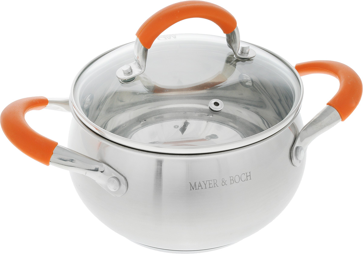 Кастрюля Mayer & Boch Modern с крышкой, 2,1 л. 2279322793 Кастрюля Mayer & Boch Modern с крышкой, 2,1 л. 2279322793Кастрюля Mayer & Boch изготовлена из высококачественной нержавеющей стали. Комбинация матовой и зеркальной полировки внешнего покрытия придает изделию особо эстетичный стильный вид. Изделие предназначено для здорового и экологичного приготовления пищи. Внутренняя гладкая поверхность легко чистится - можно мыть в воде руками или протирать полотенцем. Кастрюля оснащена двумя удобными ручками с ненагревающимися силиконовыми вставками. Крышка из термостойкого стекла снабжена металлическим ободом, удобной ручкой с силиконовым покрытием и отверстием для выпуска пара. Такая крышка позволяет следить за процессом приготовления пищи без потери тепла. Она плотно прилегает к краю кастрюли, сохраняя аромат блюд. Подходит для всех типов плит, включая индукционные. Можно мыть в посудомоечной машине. Подходит для хранения пищи в холодильнике. Диаметр (по верхнему краю): 16 см.Высота стенок: 10 см. Ширина (с учетом ручек): 27.5 см.