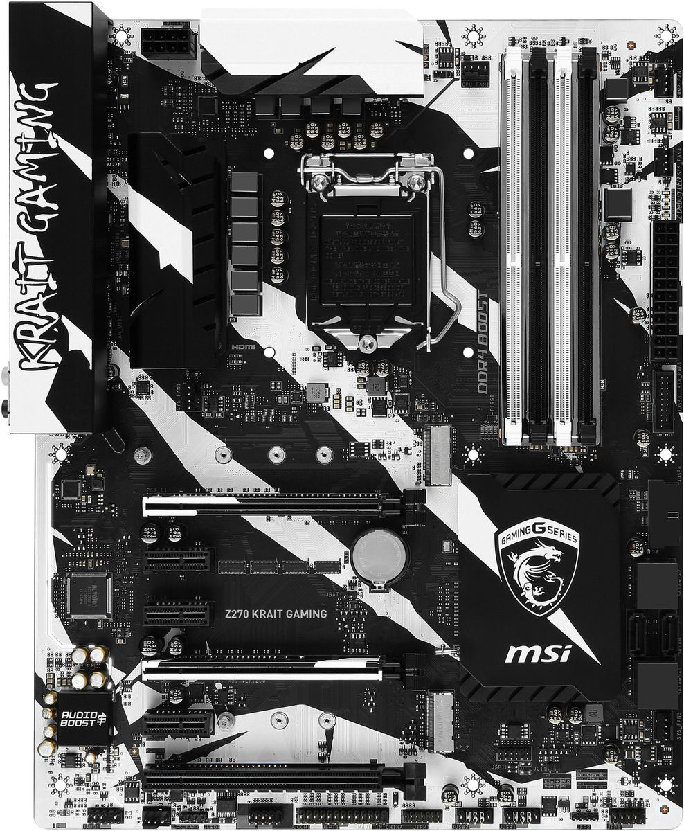 MSI Z270 Krait Gaming материнская платаZ270 KRAIT GAMING MSI Z270 Krait Gaming материнская платаZ270 KRAIT GAMINGБлагодаря уникальному внешнему виду и эксклюзивным геймерским функциям, материнская плата MSI Z270 Krait Gaming предлагает лучшие игровые возможности.Настройте любую цветовую схему с помощью RGB Mystic Light Sync. Чтобы полностью соответствовать стилю вашей системы выбирайте любой цвет из палитры с помощью вашего смартфона или приложения для ПК MSI Gaming App. Устали от одного и того же цвета? Полностью измените внешний вид компьютера за 1 секунду!Материнская плата MSI GAMING поддерживает все самые последние стандарты для дисковых накопителей. Это позволяет подключать любые высокоскоростные устройства хранения данных, добавляя преимуществ для игр. Быстрее запускайте игры, загружайте уровни и получайте настоящее преимущество перед своими врагами.Самые передовые технологии и разработки MSI позволили добиться совершенно другого уровня производительности в приложениях виртуальной реальности. Объединяя усилия с самыми известными VR брендами, а также используя уникальные технологии собственной разработки, MSI дарит геймерам и всем любителям VR новые ощущения, где неизвестные виртуальные миры по-настоящему оживают.Почувствуйте по-настоящему потрясающий звук. Благодаря технологии Audio Boost и высококачественным компонентам гарантируется высочайшее качества звука. Наслаждайтесь захватывающим звуком в играх.Приготовьтесь разгромить ваших врагов на поле боя вместе с MSI GAMING LAN. Использование компонентов высочайшего качества позволило избавиться от лагов и добиться лучших результатов в онлайн компьютерных играх.Материнские платы MSI имеют специальный функционал, позволяющий добавить вашей оперативной памяти еще больше скорости и стабильности.Копирование ваших любимых игр и фильмов через USB быстро как никогда. MSI предлагает большое количество опций для подключения и ускорения ваших USB 3.1 устройств, обеспечивая молниеносные скорости передачи данных до 10 Гб/с!Использование только высококачественных компонентов наряду с самыми последними технологиями гарантирует лучший игровой и профессиональный опыт. Строгий контроль качества и тестирование в самых экстремальных условиях обеспечивает высокую надежность и производительность.Будьте уверены, BIOS имеет самые последние опции для настроек, а также простой интерфейс управления. Широкие возможности для настройки позволяют точно задать параметры системы и получить максимальную производительность во время игры.