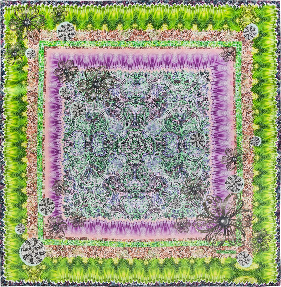 Платок женский Eleganzza, цвет: салатовый, фиолетовый. KA03-8113. Размер 90 см х 90 см