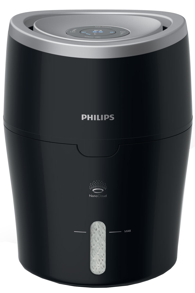 Philips HU4813/11 увлажнитель воздуха с функцией очищенияHU4813/11 Philips HU4813/11 увлажнитель воздуха с функцией очищенияHU4813/11Дышите свежим воздухом благодаря увлажнителю Philips HU4813/1. Технология испарения NanoCloud снижает риск распространения бактерий на 99 % по сравнению с ведущими ультразвуковыми увлажнителями, а также предотвращает образование мокрых пятен и белого налета.Гигиеничный процесс естественного испарения для оптимального результата: по мере прохождения сухого воздуха через увлажнитель к нему добавляется водяной пар. Технология NanoCloud основана на таком естественном процессе, при котором сухой воздух поглощается прибором, насыщается молекулами воды, а затем в помещение выпускается увлажненный воздух.Благодаря равномерному увлажнению помещения на 360° прибор не создает мокрые пятна на полу и других поверхностях. Технология NanoCloud снижает риск распространения минеральных веществ в воздухе, тем самым предотвращая образование белого налета на мебели.В ночном режиме увлажнитель работает с минимальным уровнем шума и все индикаторы, кроме индикатора скорости, отключаются. Эта настройка позволит поддерживать нужный уровень влажности, даже когда вы спите.Наполните резервуар водой из кувшина или прямо из-под крана. Понятный индикатор максимального уровня показывает, до какого уровня необходимо заполнить резервуар. Если резервуар пустой, увлажнитель воздуха автоматически выключается и на дисплее отображается напоминание о необходимости его наполнения.Округлая форма с минимальным количеством деталей обеспечивает простоту очистки. Этот увлажнитель не оснащен нагревательной пластиной, поэтому очистка от накипи не требуется.Когда вода испаряется, образуется невидимый глазу водяной пар. Его молекулы очень малы, меньше, чем размер бактерии, поэтому не могут переносить последних по воздуху. Лабораторные исследования подтвердили: технология NanoCloud снижает риск распространения бактерий на 99 % более эффективно, чем ведущие ультразвуковые увлажнители.Увлажнитель снижает риск ожогов из-за горячей воды или пара, так как технология NanoCloud не предусматривает нагрева воды.Поддерживайте оптимальный уровень влажности с помощью автоматической настройки. Выберите параметр 40 %, 50 % или 60 %, и увлажнитель будет автоматически включаться и выключаться, чтобы сохранять показатель на нужном уровне. Интеллектуальный датчик позволяет точно определять уровень влажности, а также отображает его числовое значение в реальном времени.При использовании таймера увлажнитель работает в течение заданного промежутка времени (1 час, 4 часа или 8 часов) и затем автоматически отключается.Специальный антибактериальный картридж, который содержит улучшенный шарообразный элемент противомикробного действия на основе прополиса в резервуаре с водой, предотвращает размножение бактерий на 99,9 % в течение 24 часов.Увлажнитель Philips оснащен тремя настройками скорости вентилятора и обеспечивает максимальный уровень увлажнения 300 мл/ч. Прибор идеально подходит для комнат среднего размера — до 44 м2.
