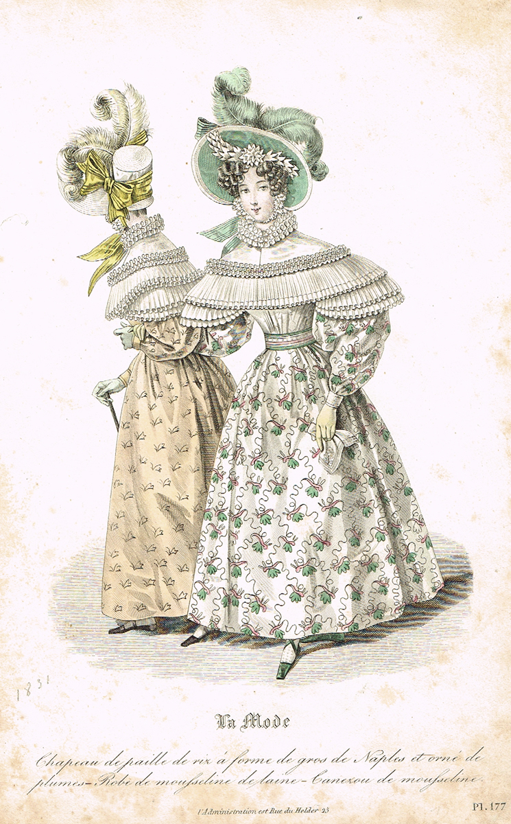 Две дамы в шляпах с перьями. Дамская парижская мода. Литография. Франция, 1831 год