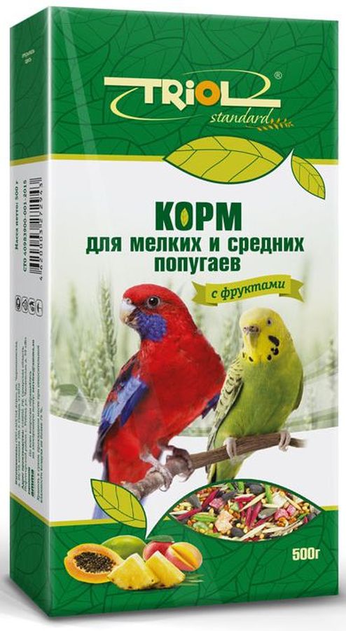 Корм Тriol Standard для мелких и средних попугаев, с фруктами, 500 гКф-00900 Корм Тriol Standard для мелких и средних попугаев, с фруктами, 500 гКф-00900Универсальная смесь из отборных зерновых культур для ежедневного кормления мелких и средних попугаев с фруктами. Корм содержит любимые пернатыми зерна и семена, сбалансирован по микро- и макроэлементам и обогащен витаминами, необходимыми для правильного развития пернатых питомцев. Основной корм для попугаев - это уникальный коктейль из зерновых и злаковых культур, а так же натуральных сушеных трав, богатых на масла семян и орехов от компании Triol. Данный продукт представляет собой полнорационный корм для средних и мелких попугаев, он содержит оптимальное количество растительных белков и клетчатки для обеспечения организма птицы жизнедеятельностью. Кроме того зерна насыщены минеральными веществами и витаминами, среди которых фосфор, минеральные соли и жиры, способствующие улучшению работы пищеварительной системы и улучшая общий обмен веществ. Так же в продукте содержаться растительные масла и экстракты трав, которые поспособствуют улучшению работы пищеварительной системы и сохранению яркого перьевого окраса птицы. Данный продукт отлично подходит для смешивания с другими видами кормов, благодаря чему вы сможете составить идеальный питательный баланс для своей птицы. Позаботьтесь о здоровье и счастье ваших птиц с уникальными кормами от компании Triol! Правильно сбалансированный корм поможет вам вырастить здоровых и веселых питомцев. Продукт не содержит искусственных добавок и красителей.Состав: просо белое, просо красное, овес, семена подсолнечника, семена конопли, витамины, семена гречихи, горох, кукуруза, арахис, попкорн, семена луговых трав.