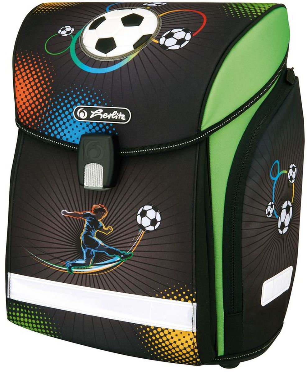 Herlitz Ранец школьный New Midi Soccer50007714 Herlitz Ранец школьный New Midi Soccer50007714Школьный ранец Herlitz New Midi Soccer отличается не только красочностью, но и практичностью. Модель изготовлена из полиэстера с водоотталкивающей пропиткой. Спинка и лямки выполнены из вентилируемого материала. Светоотражающие полоски (на лямках, переднем и боковых карманах) и кант из материала 3M Scotchlite обеспечивают безопасность ребенка на дорогах. Ранец равномерно распределяет нагрузку на позвоночник благодаря эргономичной спинке и уплотненным регулируемым лямкам.Быстрый доступ к вещам обеспечивает магнитный замок Fidlock. Модель содержит два внутренних отделения для учебников и тетрадей, карман на молнии.Под крышкой предусмотрено место для расписания уроков. По бокам имеются просторные наружные карманы на молнии. Альбомы, наборы карандашей и другие принадлежности поместятся в компактный, но просторный передний карман, интегрированный в корпус. Прочное пластиковое дно защищает от загрязнений.Вес около 1000 грамм.