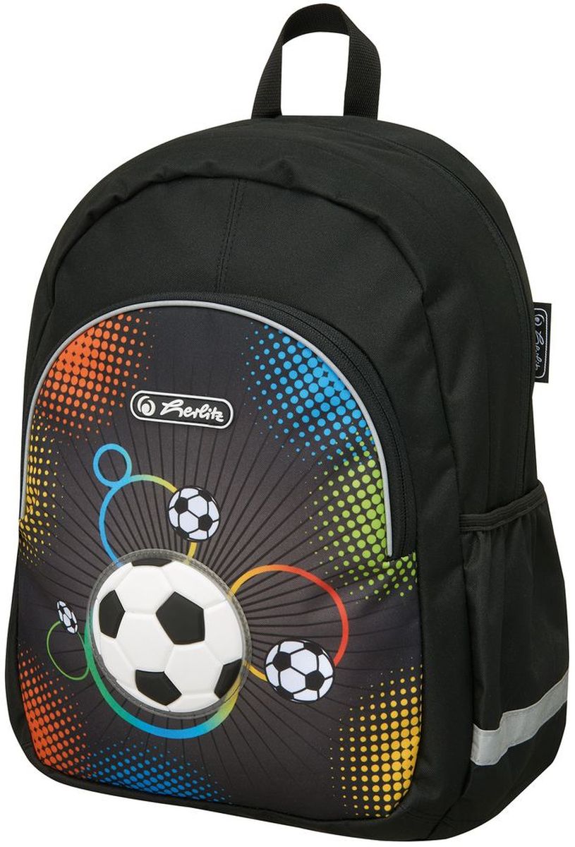 Herlitz Рюкзак Soccer цвет черный50007967 Herlitz Рюкзак Soccer цвет черный50007967Рюкзак Herlitz Soccer изготовлен из высококачественных материалов с учетом самых строгих требований по безопасности.Рюкзак имеет эргономичную форму спинки с мягкой дышащей тканью и регулируемые плечевые лямки. Светоотражающие полоски для безопасности ребенка по дороге в школу и домой. Основное отделение на застежке-молнии включает отсек для книг. Карман на лицевой стороне на молнии легко открывать и закрывать, по бокам находятся два открытых кармана с эластичной окантовкой.