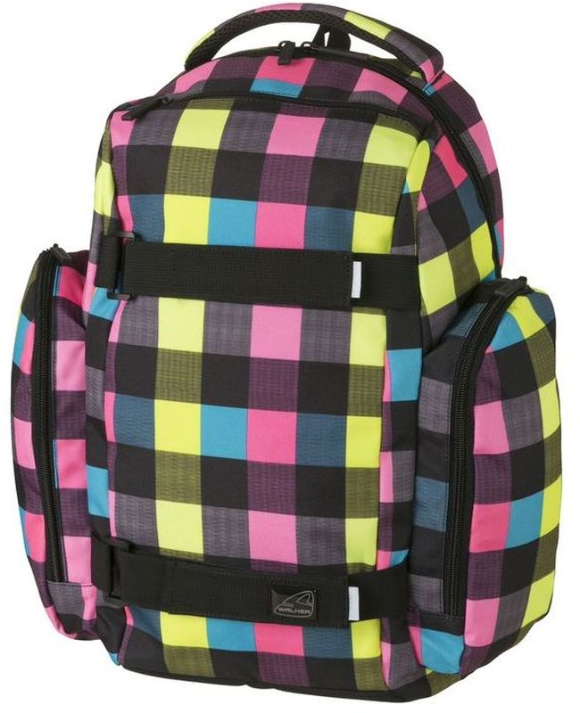 Walker Рюкзак школьный Delta Classic Neon Checks42365/139 Walker Рюкзак школьный Delta Classic Neon Checks42365/139Рюкзак Delta Classic Neon Checks выполнен из прочного износостойкого материала высокого качества с влагоотталкивающей пропиткой и имеет объем 31 литр. Рюкзак оснащен отделением для ноутбука, двумя просторными отделениями на застежке-молнии, органайзером для письменных принадлежностей. В основном отсеке рюкзака находятся гибкие разделители, которые помогают фиксировать книги и тетради. Удобство и комфорт при носке обеспечивают эргономичные лямки и грудная стяжка. По бокам рюкзака обнаруживаются два кармана на молнии, а спереди находятся регулируемые ремешки для скейтборда.