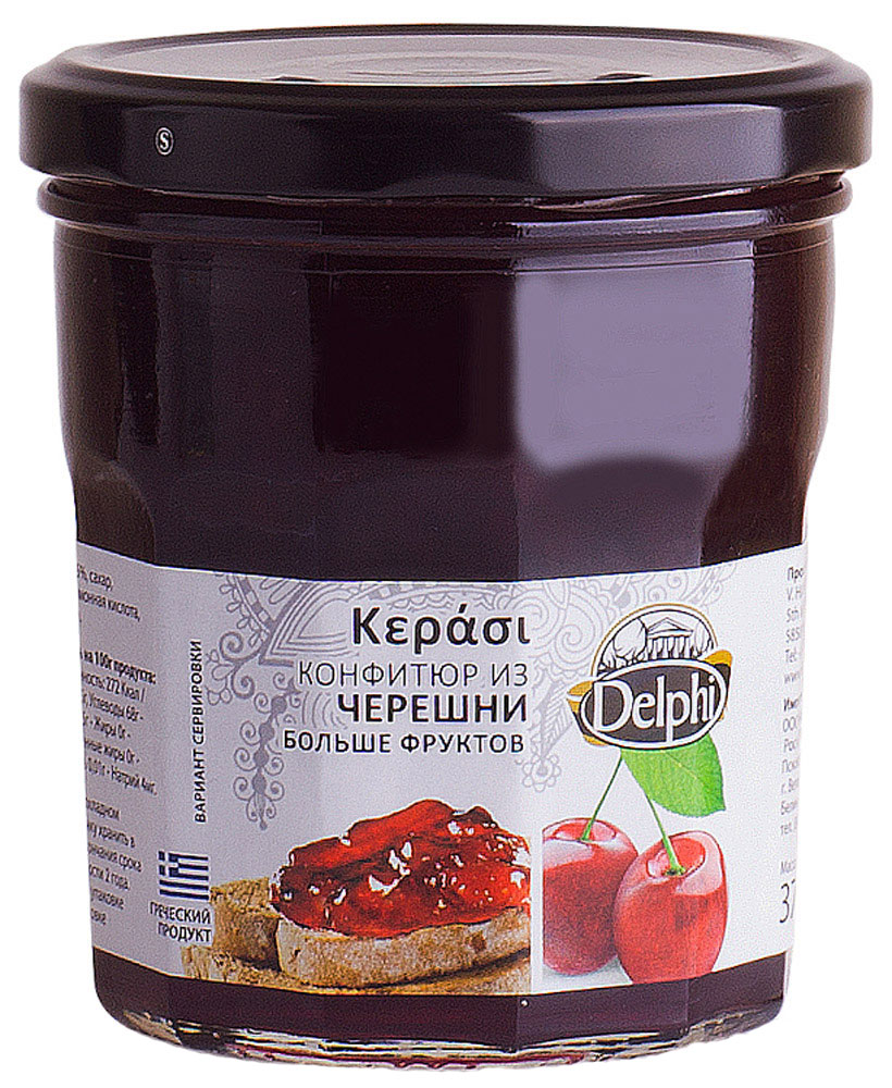 Delphi Конфитюр из черешни, 370 г63.0007 Delphi Конфитюр из черешни, 370 г63.0007Настоящий греческий густой конфитюр из сладкой черешни подарит вам невероятное удовольствие в каждой ложке.Свежая, ароматная черешня растет в благоприятном климате солнечной Греции. Из бережно собранных, спелых ягод получается прекрасный десерт, который превратит обычное чаепитие в праздник.Конфитюр можно подавать как самостоятельный десерт и в дополнение к тостам, хрустящему хлебу, блинам, к каше или творогу, можно добавлять в мюсли или йогурт.