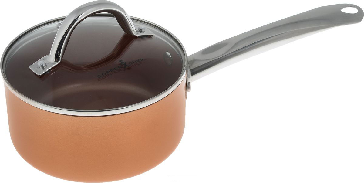 Ковш Copper Chef с крышкой, с керамическим покрытием, 1,76 лKC15061-02000 Ковш Copper Chef с крышкой, с керамическим покрытием, 1,76 лKC15061-02000Ковш Copper Chef изготовлен из высококачественного алюминия с антипригарным керамическим покрытием. Благодаря керамическому покрытию пища не пригорает и не прилипает к поверхности ковша, что позволяет готовить с минимальным количеством масла. Кроме того, такое покрытие абсолютно безопасно для здоровья человека.Достоинства керамического покрытия: - устойчивость к высоким температурам и резким перепадам температур; - устойчивость к царапающим кухонным принадлежностям и абразивным моющим средствам;- устойчивость к коррозии; - водоотталкивающий эффект; - покрытие способствует испарению воды во время готовки; - длительный срок службы; - безопасность для окружающей среды и человека. Изделие оснащено ручкой, выполненной из нержавеющей стали, и стеклянной крышкой с отверстием для выхода пара. Ковш подходит для использования на газовых, электрических, стеклокерамических плитах, а также на индукционных. Можно мыть в посудомоечной машине. Эксклюзивный американский бренд Copper Chef, впервые вышедший на российский рынок! При изготовлении посуды используется высокопрочное керамическое антипригарное покрытие, которое является самой современной технологией в сфере изготовления керамических покрытий. Посуда Copper Chef подойдет как шеф-повару пятизвездочного ресторана, так и простому любителю благодаря дизайну, безупречному качеству и доступной цене.Диаметр ковша: 16 см. Высота стенки: 8 см. Длина ручки: 18 см.