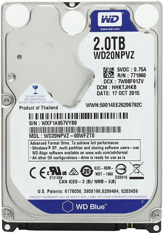 WD Blue 2TB внутренний жесткий диск (WD20NPVZ)WD20NPVZ WD Blue 2TB внутренний жесткий диск (WD20NPVZ)WD20NPVZНакопители WD Blue для мобильных устройств, соответствующие высоким требованиям WD в части качества и надежности, обладают достаточной функциональностью для решения повседневных задач в мобильных вычислительных средах. Разработаны и произведены по технологии знаменитых оригинальных накопителей WD для настольных компьютеров и мобильных устройств.Благодаря быстродействию, надежности и емкости накопителей WD Blue ваше устройство станет идеальным решением для повседневного использования.Благодаря максимально высокой плотности воздуха в компактном корпусе накопители WD Blue для мобильных устройств позволяют обеспечить вашему ноутбуку необходимую емкость.WD Blue изготавливаются с использованием более прочных алюминиевых материалов и оснащены электродвигателем с фиксированным валом, что позволяет на 30 % повысить прочность на сжатие. Благодаря этим возможностям нам удалось повысить прочность накопителей, не снижая их быстродействие и не увеличивая энергопотребление.Технология бесконтактного считывания NoTouch обеспечивает безопасное расположение записывающей головки относительно поверхности накопителя для защиты данных. Данная модель также оснащена функцией IntelliSeek. Она вычисляет оптимальное время поиска, что помогает уменьшить уровень энергопотребления, шума и вибрации.