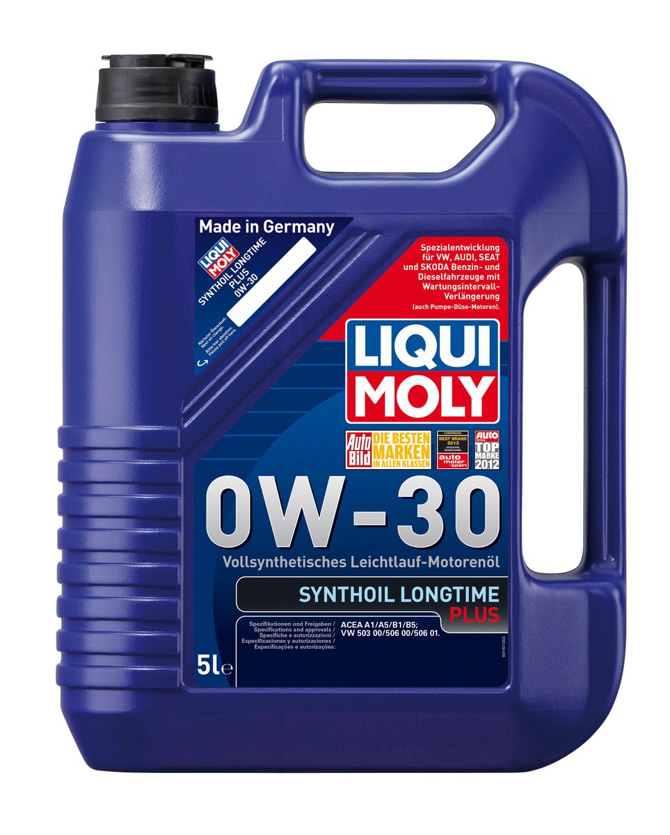 Масло моторное Liqui Moly Synthoil Longtime Plus, синтетическое, 0W-30, 5 л1151 Масло моторное Liqui Moly Synthoil Longtime Plus, синтетическое, 0W-30, 5 л1151Масло моторное Liqui Moly Synthoil Longtime Plus - специальный продукт для автомобилей VW с двигателями R5 TDI и V10 TDI выпуска до 06.2006 (для других двигателей - Top Tec 4200). 100% ПАО-синтетическое всесезонное масло, специально разработанное под особые требования Volkswagen Group. Подходит для использования в бензиновых и дизельных автомобилях с турбонаддувом и без него. Значительно снижает расход топлива и одновременно повышает ресурс двигателя. Комбинация синтетической базы и передовых технологий в области разработок присадок гарантирует низкую вязкость масла при низких температурах, высокую надежность масляной пленки. Масло предотвращает образование отложений в двигателе, снижает трение и защищает от износа. Особенности: - Очень высокие показатели по экономии топлива- Быстрое поступление масла к деталям двигателя при низких температурах- Отличная чистота двигателя- Очень высокая защита от износа и надежность смазывания- Снижает потери на трение в двигателе- Очень низкие потери масла на испарение- Оптимизировано для турбодизельных двигателей VW R5 TDI и V10 TDI выпуска до 06.2006Допуск: -ACEA: A1/B1/A5/B5Соответствие: -VW: 503 00/506 00/506 01