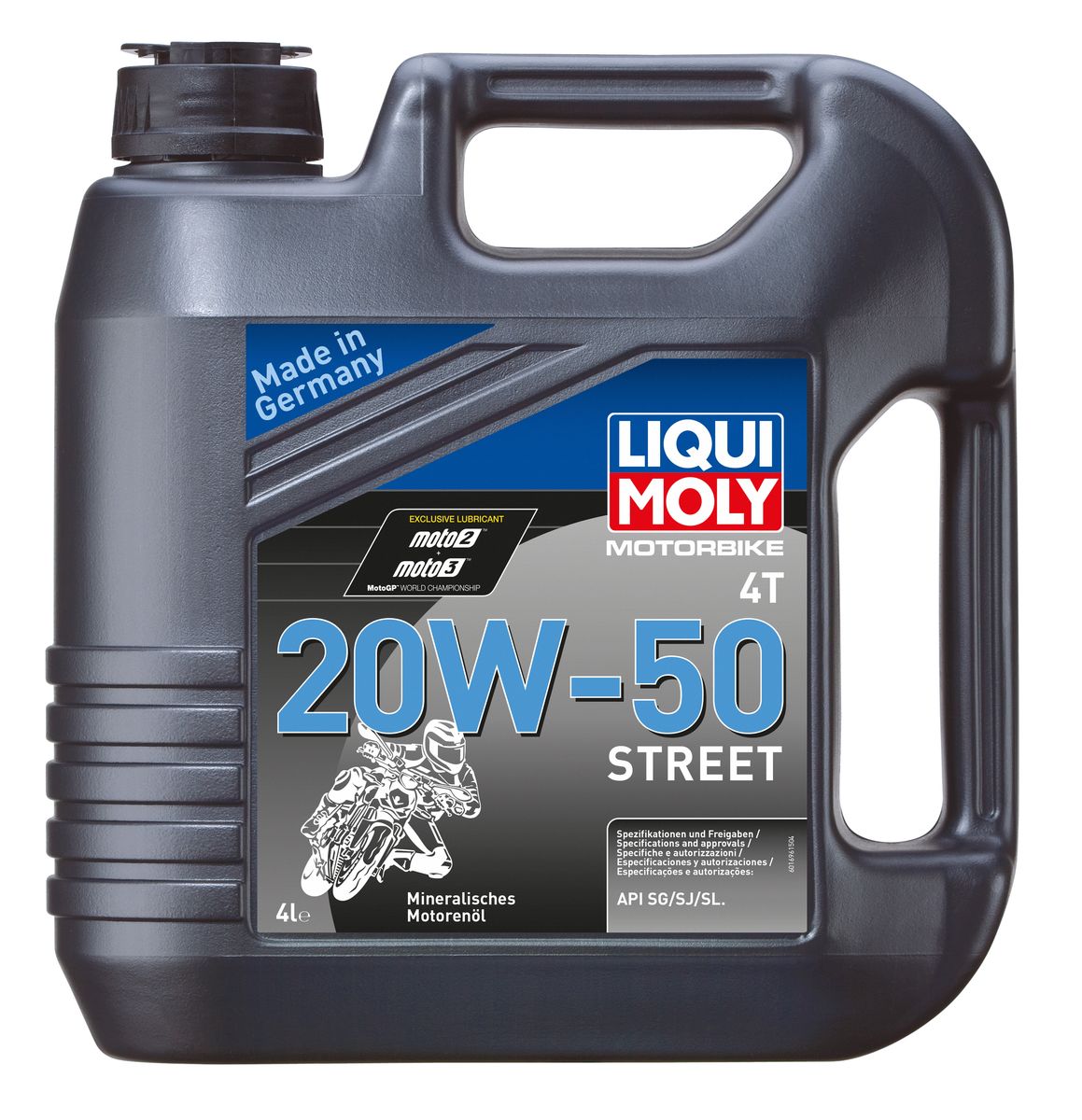 Масло моторное Liqui Moly Motorbike 4T Street, минеральное, 20W-50, 4 л1696 Масло моторное Liqui Moly Motorbike 4T Street, минеральное, 20W-50, 4 л1696Масло моторное Liqui Moly Motorbike 4T Street предназначено для эксплуатации шоссейной мототехники на дорогах с твердым покрытием. Универсального применения, преимущественно для низкооборотных мотодвигателей с воздушным охлаждением. Для классических и коллекционных ретро-мотоциклов. Использована высоковязкая минеральная базовая основа, обладающая стойкостью к перегреву и потере вязкости. Современный пакет присадок обеспечивает отменную совместимость с фрикционными материалами и оптимальное смазывание как двигателя, так и коробки передач мототехники. Уменьшает шумы в работе. Высоковязкая минеральная базовая основа в сочетании с современными присадками обеспечивает: - повышенное давление в системе смазки, - отличное смазывание двигателя и КПП, - отличные антипенные свойства, - максимальную защиту двигателя от износа, - снижение шума в работе агрегатов, - малый расход масла на угар, - длительный срок службы масла, - всесезонное.Допуск API: SG/SJ/SL.