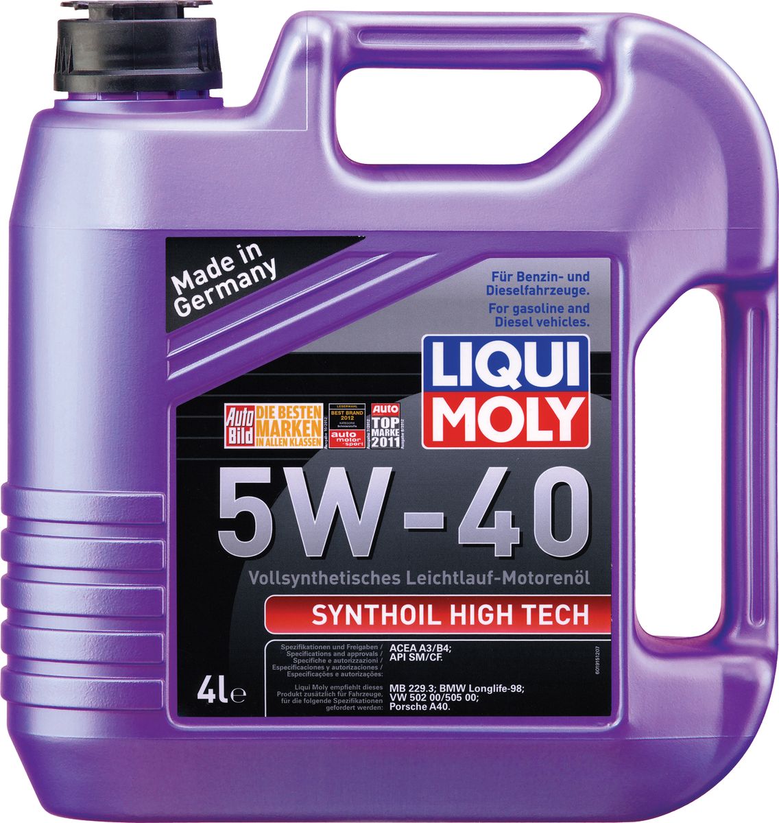 Масло моторное Liqui Moly Synthoil High Tech, синтетическое, 5W-40, 4 л1915 Масло моторное Liqui Moly Synthoil High Tech, синтетическое, 5W-40, 4 л1915Масло моторное Liqui Moly Synthoil High Tech - 100% синтетическое универсальное моторное масло на базе полиальфаолефинов (ПАО) для большинства автомобилей, для которых требования к маслам опираются на международные классификации API и ACEA. За счет оптимальной вязкости масло надежно защищает форсированные многоклапанные двигатели. Использование современных, полностью синтетических базовых масел (ПАО) и передовых технологий в области разработок присадок гарантирует низкую вязкость масла при низких температурах, высокую надежность масляной пленки. Моторные масла линейки Synthoil предотвращают образование отложений в двигателе, снижают трение и надежно защищают от износа. Особенности: - Быстрое поступление масла ко всем деталям двигателя при низких температурах- Высокая смазывающая способность- Замечательная термоокислительная стабильность и устойчивость к старению- Оптимальная чистота двигателя- Протестировано и совместимо с катализаторами и турбонаддувом- Высокая стабильность при высоких температурах- Очень низкий расход маслаДопуск: -API: CF/SM-ACEA: A3/B4