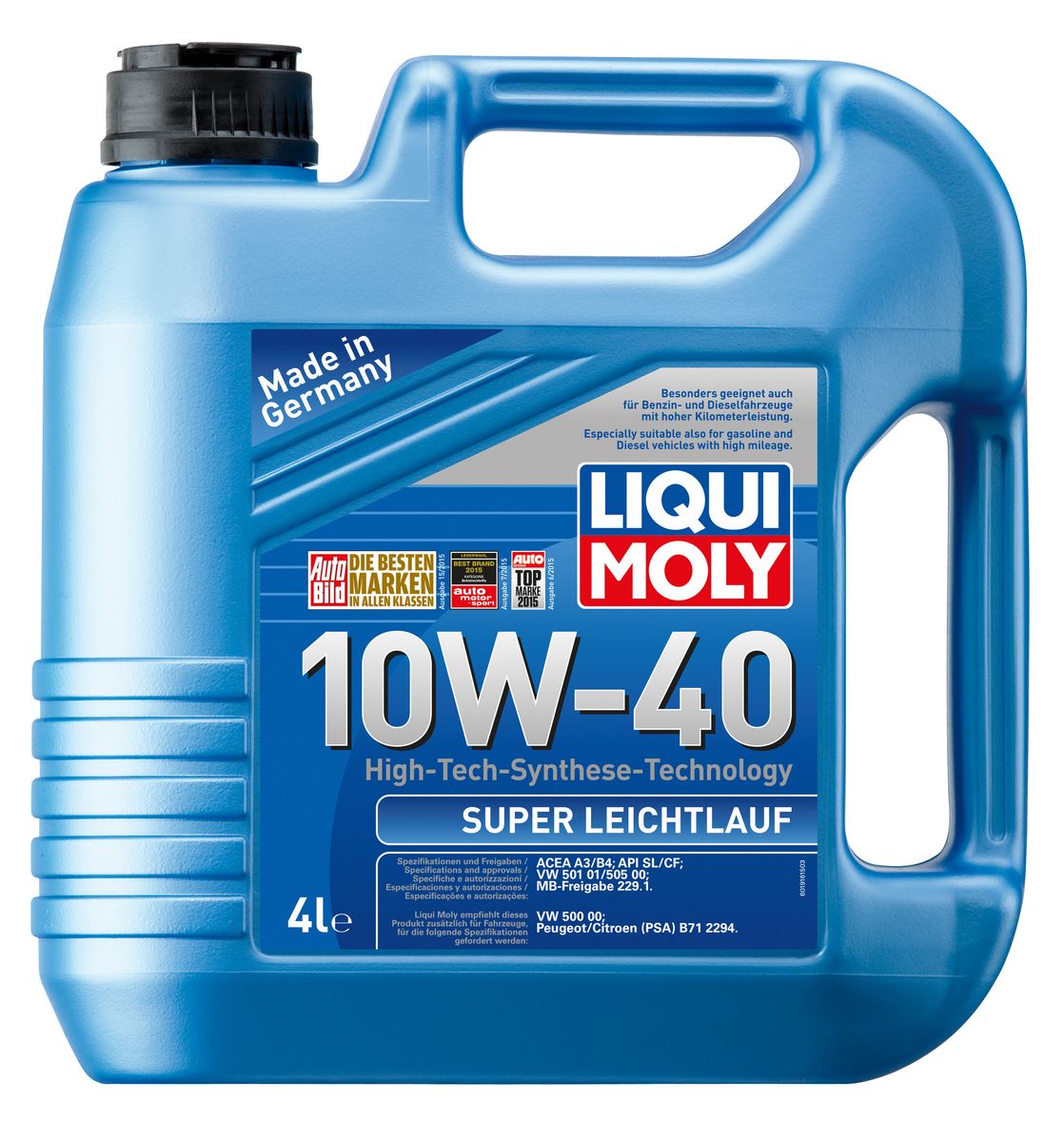 Масло моторное Liqui Moly Super Leichtlauf, НС-синтетическое, 10W-40, 4 л1916 Масло моторное Liqui Moly Super Leichtlauf, НС-синтетическое, 10W-40, 4 л1916Масло моторное Liqui Moly Super Leichtlauf - универсальное моторное масло на базе гидрокрекинговой технологии синтеза (HC-синтеза). Удовлетворяет современным требованиям международных стандартов API и ACEA, а также имеет оригинальные допуски таких производителей, как Mercedes-Benz, Volkswagen Group. Масло имеет высокую стабильность к окислению и угару, поэтому может использоваться в нагруженных бензиновых и дизельных двигателях с турбонаддувом и интеркулером. В моторном масле Leichtlauf Super 10W-40 используются базовые компоненты, произведенные по новейшим технологиям синтеза и отличающиеся высочайшими защитными свойствами. Масло содержит современный пакет присадок, который обеспечивает высокий уровень защиты от износа и гарантирует стабильное поступление масла ко всем деталям двигателя. Особенности: - Высокая стабильность масляной пленки при высоких и низких температурах- Высокие противоизносные свойства- Обеспечивает оптимальную чистоту двигателя- Протестировано на совместимость с турбированными двигателями и катализаторомДопуск: -API: SL/CF-ACEA: A3/B4-MB: 229.1-VW: 501 01/505 00