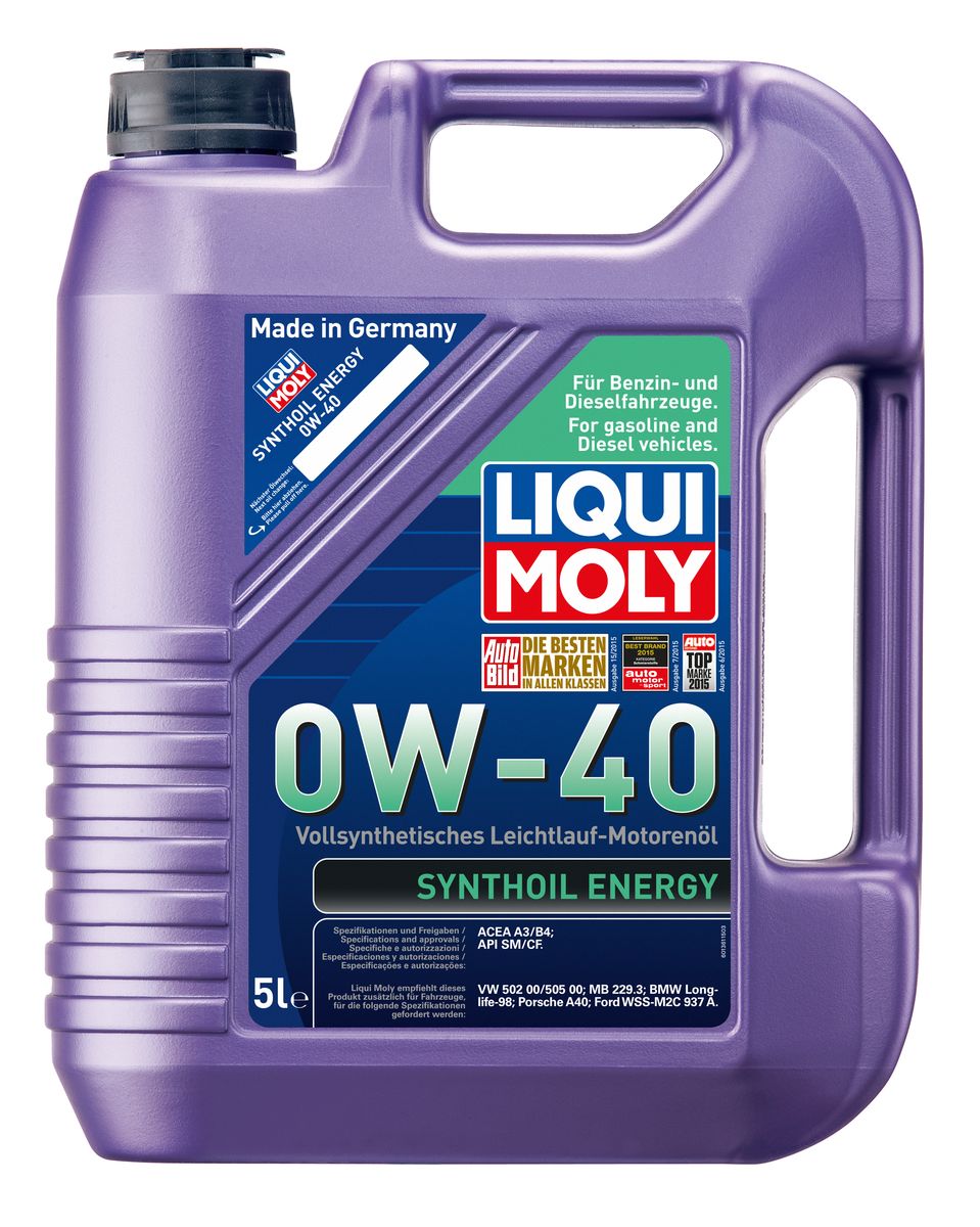 Масло моторное Liqui Moly Synthoil Energy, синтетическое, 0W-40, 5 л1923 Масло моторное Liqui Moly Synthoil Energy, синтетическое, 0W-40, 5 л1923Масло моторное Liqui Moly Synthoil Energy - 100% синтетическое универсальное моторное масло на базе полиальфаолефинов (ПАО) для большинства автомобилей, для которых требования к маслам опираются на международные классификации API и ACEA. Класс вязкости 0W-40 моторного масла на ПАО-базе оптимален для эксплуатации в холодных условиях, обеспечивая уверенный пуск двигателя даже в сильный мороз и высокий уровень защиты. Использование современных полностью синтетических базовых масел (ПАО) и передовых технологий в области разработок присадок гарантирует низкую вязкость масла при низких температурах, высокую надежность масляной пленки. Моторные масла линейки Synthoil предотвращают образование отложений в двигателе, снижают трение и надежно защищают от износа. Особенности: - Отличные пусковые свойства в мороз- Быстрое поступление масла ко всем деталям двигателя при низких температурах- Высокая смазывающая способность- Замечательная термоокислительная стабильность и устойчивость к старению- Оптимальная чистота двигателя- Протестировано и совместимо с катализаторами и турбонаддувом- Высокая стабильность при высоких температурах- Очень низкий расход маслаДопуск: -API: CF/SM-ACEA: A3/B4