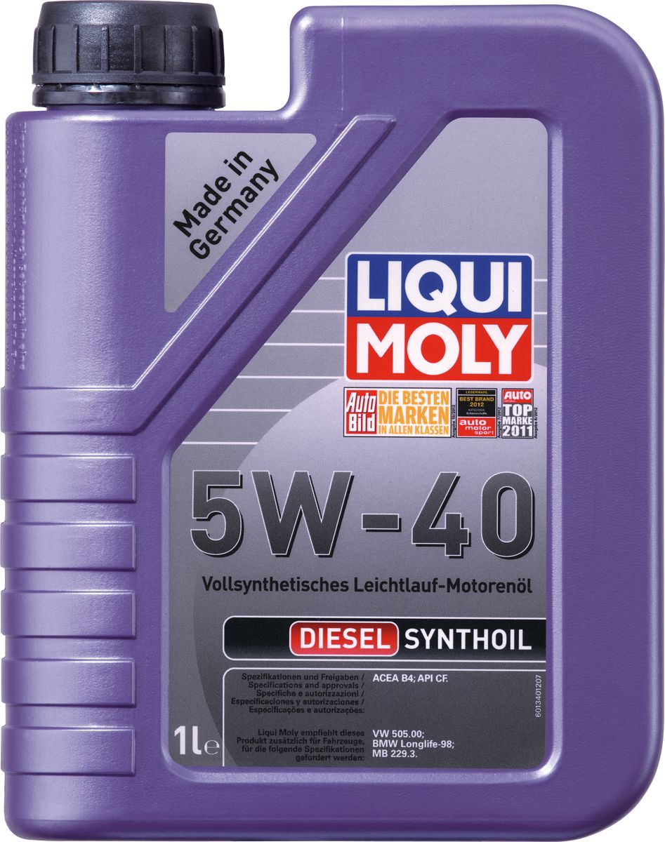 Масло моторное Liqui Moly Diesel Synthoil, синтетическое, 5W-40, 1 л1926 Масло моторное Liqui Moly Diesel Synthoil, синтетическое, 5W-40, 1 л1926Масло моторное Liqui Moly Diesel Synthoil - 100% синтетическое универсальное моторное масло на базе полиальфаолефинов (ПАО) для автомобилей с дизельными двигателями, для которых требования к маслам опираются на международные классификации API и ACEA. Специальная формула пакета присадок нивелирует последствия использования низкокачественного дизельного топлива. Отлично подходит для турбированных дизельных двигателей. Использование современных полностью синтетических базовых масел (ПАО) и передовых технологий в области разработок присадок гарантирует низкую вязкость масла при низких температурах, высокую надежность масляной пленки. Моторные масла линейки Synthoil предотвращают образование отложений в двигателе, снижают трение и надежно защищают от износа. - Оптимально для высоконагруженных дизельных двигателей без сажевых фильтров- Быстрое поступление масла ко всем деталям двигателя при низких температурах- Высокая смазывающая способность- Замечательная термоокислительная стабильность и устойчивость к старению- Оптимальная чистота двигателя- Протестировано и совместимо с катализаторами и турбонаддувом- Высокая стабильность при высоких температурах- Очень низкий расход маслаБлагодаря тому, что Synthoil - настоящая 100% ПАО-синтетика, использование данных масел дает уверенность в стабильности их защитных свойств даже в условиях перепадов температур, использования некачественного топлива и превышении срока замены. Масло Synthoil 5W-40 также специально адаптировано для дизельных двигателей.Допуск:- API: CF- ACEA: B4Соответствие:- BMW: Longlife-98- MB: 229.3- VW: 505 00