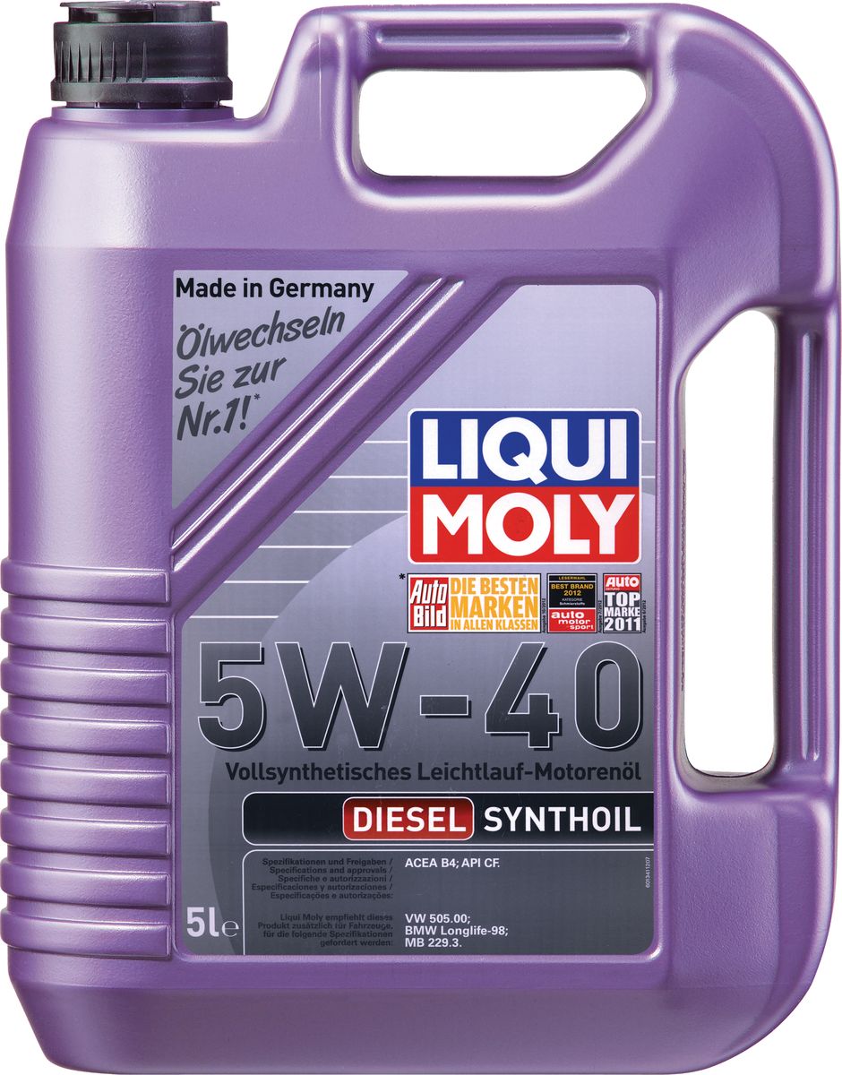 Масло моторное Liqui Moly Diesel Synthoil, синтетическое, 5W-40, 5 л1927 Масло моторное Liqui Moly Diesel Synthoil, синтетическое, 5W-40, 5 л1927Масло моторное Liqui Moly Diesel Synthoil - 100% синтетическое универсальное моторное масло на базе полиальфаолефинов (ПАО) для автомобилей с дизельными двигателями, для которых требования к маслам опираются на международные классификации API и ACEA. Специальная формула пакета присадок нивелирует последствия использования низкокачественного дизельного топлива. Отлично подходит для турбированных дизельных двигателей. Использование современных полностью синтетических базовых масел (ПАО) и передовых технологий в области разработок присадок гарантирует низкую вязкость масла при низких температурах, высокую надежность масляной пленки. Моторные масла линейки Synthoil предотвращают образование отложений в двигателе, снижают трение и надежно защищают от износа. - Оптимально для высоконагруженных дизельных двигателей без сажевых фильтров- Быстрое поступление масла ко всем деталям двигателя при низких температурах- Высокая смазывающая способность- Замечательная термоокислительная стабильность и устойчивость к старению- Оптимальная чистота двигателя- Протестировано и совместимо с катализаторами и турбонаддувом- Высокая стабильность при высоких температурах- Очень низкий расход маслаБлагодаря тому, что Synthoil - настоящая 100% ПАО-синтетика, использование данных масел дает уверенность в стабильности их защитных свойств даже в условиях перепадов температур, использования некачественного топлива и превышении срока замены. Масло Synthoil 5W-40 также специально адаптировано для дизельных двигателей.Допуск:- API: CF- ACEA: B4Соответствие:- BMW: Longlife-98- MB: 229.3- VW: 505 00