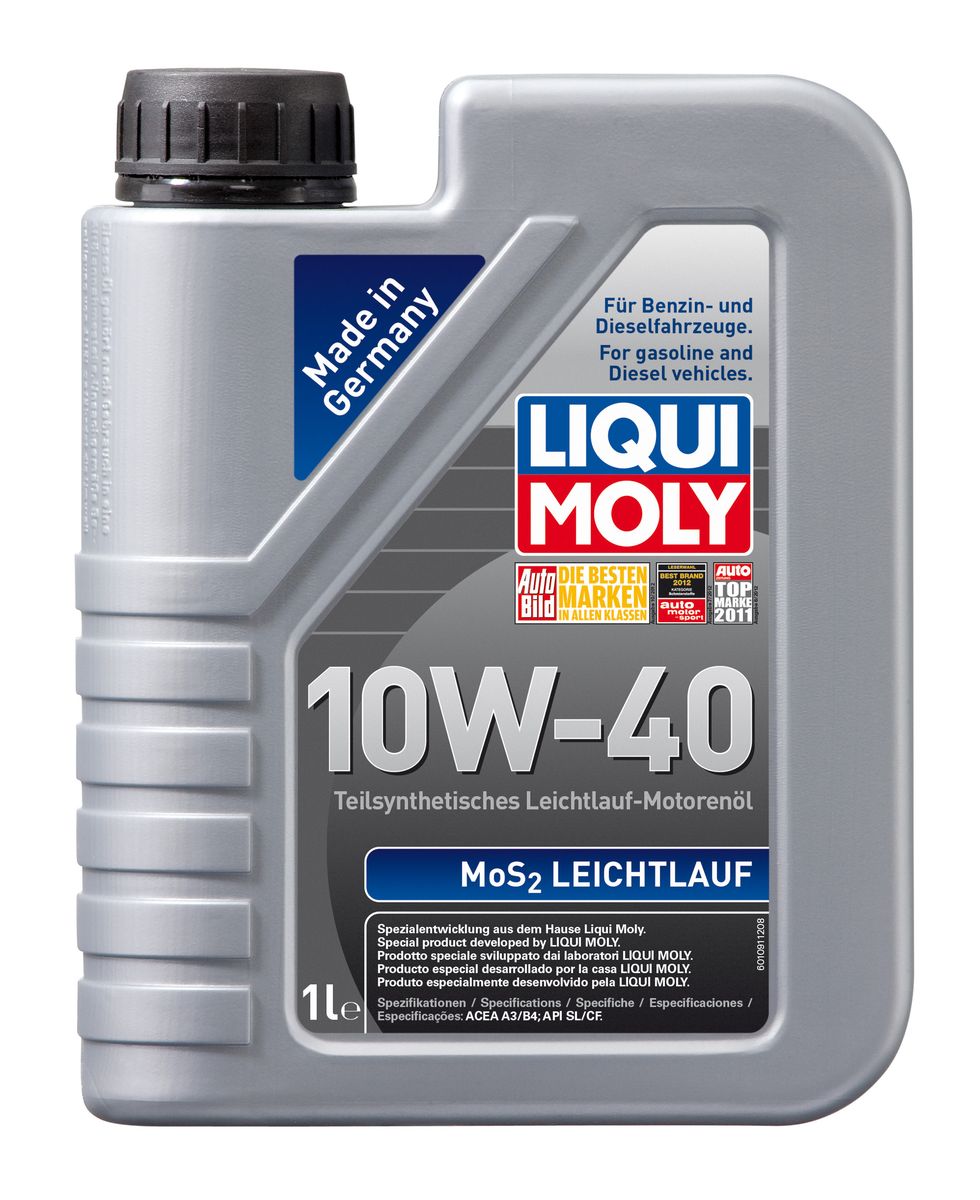 Масло моторное Liqui Moly MoS2 Leichtlauf, полусинтетическое, 10W-40, 1 л1930 Масло моторное Liqui Moly MoS2 Leichtlauf, полусинтетическое, 10W-40, 1 л1930Масло моторное Liqui Moly MoS2 Leichtlauf - полусинтетическое моторное масло с добавлением дисульфида молибдена - визитной карточки компании Liqui Moly, эффективность рецептуры которой проверена десятилетиями. Масло предназначено для бензиновых и дизельных двигателей (в том числе для турбомоторов) новых автомобилей (без специальных требований к маслу от автопроизводителей), а также для подержанных автомобилей с большим пробегом, которые эксплуатируются в жестких условиях. В моторном масле используются синтетические и минеральные базовые компоненты, отличающиеся высокими защитными свойствами. Оптимальное содержание присадок, а также смазывающего материала обеспечивает отличные смазывающие свойства масла при самых критических нагрузках и длительных интервалах смены масла. Особенности: - Очень высокий уровень защиты от износа- Надежное поступление масла к деталям двигателя во всем диапазоне рабочих температур- Очень низкий расход масла- Отличная чистота двигателя- Проверено на системах с турбинами, компрессорами и катализаторами Соответствие:- API: CF/SL- ACEA: A3/B4