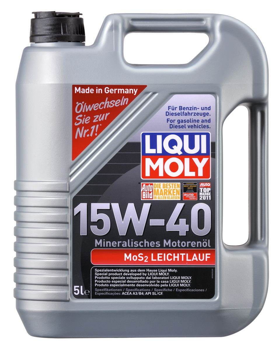 Масло моторное Liqui Moly MoS2 Leichtlauf, минеральное, 15W-40, 5 л1933 Масло моторное Liqui Moly MoS2 Leichtlauf, минеральное, 15W-40, 5 л1933Масло моторное Liqui Moly MoS2 Leichtlauf - моторное масло на минеральной основе высших сортов с добавлением дисульфида молибдена (MoS2) - визитной карточки компании Liqui Moly, эффективность рецептуры которой проверена десятилетиями. Масло предназначено для подержанных автомобилей с большим пробегом, где требуется максимальная защита. Оптимальное содержание присадок, а также смазывающего материала обеспечивает отличные смазывающие свойства масла при самых критических нагрузках и длительных интервалах смены масла. Особенности: - Очень высокий уровень защиты от износа- Надежное поступление масла к деталям двигателя во всем диапазоне рабочих температур- Оптимальная чистота двигателя- Проверено на системах с турбинами, компрессорами и катализаторамиПроверенные временем защитные свойства моторного масла Leichtlauf с легендарной присадкой на основе MoS2 15W-40 позволяют быть уверенным в надежной защите двигателя автомобиля с большим пробегом.Соответствие:- API: CF/SL- ACEA: A3/B4