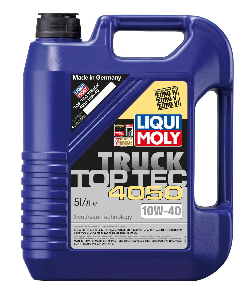 Масло моторное Liqui Moly Top Tec Truck 4050, НС-синтетическое, 10W-40, 5 л2232 Масло моторное Liqui Moly Top Tec Truck 4050, НС-синтетическое, 10W-40, 5 л2232Масло моторное Liqui Moly Top Tec Truck 4050 обладает именными допусками для современных дизельных двигателей широкого круга европейских производителей автомобилей, таких как Mercedes-Benz, MAN, VOLVO, Renault. HC-синтетическое малозольное (Low SAPS) моторное масло для всесезонного применения под самые современные нормы ЕВРО IV и V, для автомобилей с системой селективной очистки отработавших газов и с сажевым фильтром (DPF/CRT). Великолепно защищает от износа и обеспечивает оптимальную чистоту двигателя. В моторном масле Top Tec Truck 4050 используются базовые компоненты, произведенные по новейшим технологиям синтеза и отличающиеся высочайшими защитными свойствами. Масла содержат специальный пакет присадок с пониженным содержанием соединений серы и фосфора, что обеспечивает совместимость со специфическими системами нейтрализации и обеспечивает минимальные выбросы вредных веществ. Особенности: - Сокращает вредные выбросы- Совместимо с новейшими системами нейтрализации выхлопных газов- Высокая защита двигателя от износа- Обеспечивает чистоту двигателяБлагодаря наличию оригинальных допусков производителей автомобилей, использование данного масла позволяет сохранить все гарантийные условия при прохождении ТО. Допуск: -API: CI-4-ACEA: E6/E7-Deutz: DQC III-10 LA-Mack: EO-N-MAN: M 3477-MB: 228.51-Renault: RGD/RXD/RLD-2-Volvo: CNG/VDS-3