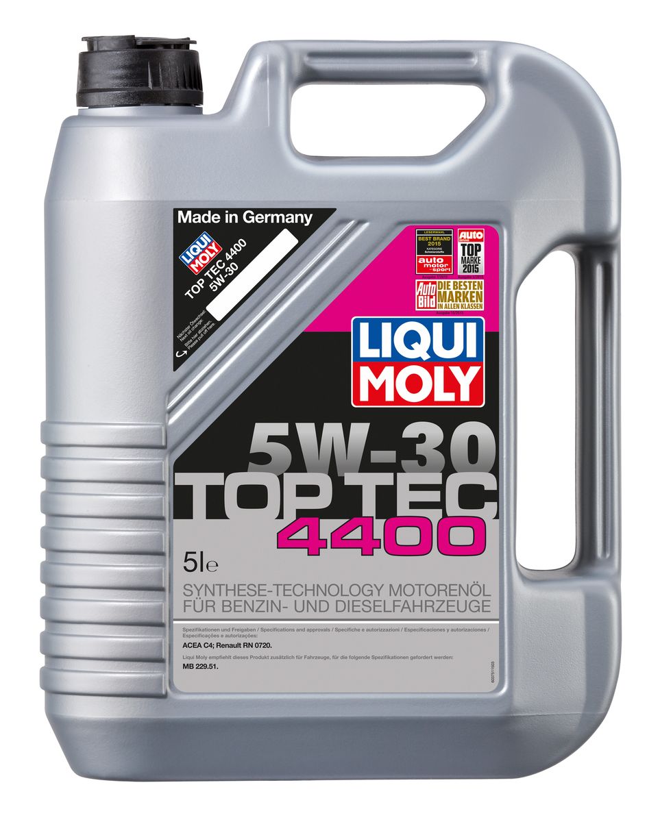 Масло моторное Liqui Moly Top Tec 4400, НС-синтетическое, 5W-30, 5 л2322 Масло моторное Liqui Moly Top Tec 4400, НС-синтетическое, 5W-30, 5 л2322Масло моторное Liqui Moly Top Tec 4400 имеет оригинальный допуск Renault/Nissan. Особо рекомендуется для дизельных двигателей с сажевым фильтром Renault с 2007 модельного года, Nissan - с 2010. HC-синтетическое малозольное (Low SAPS) моторное масло для круглогодичного использования в бензиновых и дизельных двигателях легковых автомобилей. Рекомендуется для современных дизельных двигателей с многоступенчатым катализатором и сажевым фильтром (DPF). Отлично подходит для использования в автомобилях, переоборудованных под использование природного и сжиженного газа (CNG/LPG). В моторных маслах Top Tec используются базовые компоненты, произведенные по новейшим технологиям синтеза и отличающиеся высочайшими защитными свойствами. Масла содержат специальный пакет присадок с пониженным содержанием соединений серы, фосфора и хлора, что обеспечивает совместимость со специфическими системами нейтрализации и обеспечивает минимальные выбросы вредных веществ. Особенности: - Сокращает вредные выбросы- Совместимо с новейшими системами нейтрализации выхлопных газов- Быстрое поступление масла к трущимся деталям при низких температурах- Высокая защита двигателя от износа- Обеспечивает чистоту двигателяДопуск: -ACEA: C4-Renault: RN 0720