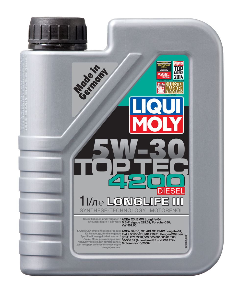 Масло моторное Liqui Moly Top Tec 4200 Diesel, НС-синтетическое, 5W-30, 1 л2375 Масло моторное Liqui Moly Top Tec 4200 Diesel, НС-синтетическое, 5W-30, 1 л2375Масло моторное Liqui Moly Top Tec 4200 Diesel рекомендуется для широкого круга современных дизельных двигателей европейских автопроизводителей, таких как Volkswagen-Audi (за исключением R5 TDI и V10 TDI, выпущенных до 06.2006, для которых подходит Synthoil Longtime Plus 0W-30); Mercedes-Benz; BMW; Fiat (дизели с 2008 модельного года); Mitsubishi, Peugeot/ Citroen (с модельного года 1999). Отлично подходит для большинства современных дизельных автомобилей корейского производства с сажевыми фильтрами (DPF). HC-синтетическое малозольное (Mid SAPS) моторное масло для дизельных двигателей легковых автомобилей, оснащенных двойной системой нейтрализации отработавших газов (в том числе DPF). Соответствует экологическим нормам EURO 4 и выше. В моторных маслах Top Tec используются базовые компоненты, произведенные по новейшим технологиям синтеза и отличающиеся высочайшими защитными свойствами. Масла содержат специальный пакет присадок с пониженным содержанием соединений серы, фосфора и хлора, что обеспечивает совместимость со специфическими системами нейтрализации и обеспечивает минимальные выбросы вредных веществ. Допуск: -ACEA: C3-BMW: Longlife-04-MB: 229.51-Porsche: C30-VW: 507 00