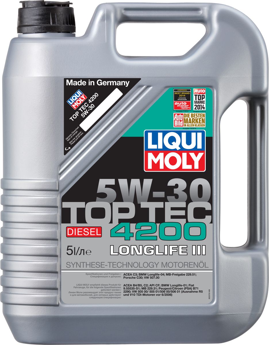 Масло моторное Liqui Moly Top Tec 4200 Diesel, НС-синтетическое, 5W-30, 5 л2376 Масло моторное Liqui Moly Top Tec 4200 Diesel, НС-синтетическое, 5W-30, 5 л2376Масло моторное Liqui Moly Top Tec 4200 Diesel рекомендуется для широкого круга современных дизельных двигателей европейских автопроизводителей, таких как Volkswagen-Audi (за исключением R5 TDI и V10 TDI, выпущенных до 06.2006, для которых подходит Synthoil Longtime Plus 0W-30); Mercedes-Benz; BMW; Fiat (дизели с 2008 модельного года); Mitsubishi, Peugeot/ Citroen (с модельного года 1999). Отлично подходит для большинства современных дизельных автомобилей корейского производства с сажевыми фильтрами (DPF). HC-синтетическое малозольное (Mid SAPS) моторное масло для дизельных двигателей легковых автомобилей, оснащенных двойной системой нейтрализации отработавших газов (в том числе DPF). Соответствует экологическим нормам EURO 4 и выше. В моторных маслах Top Tec используются базовые компоненты, произведенные по новейшим технологиям синтеза и отличающиеся высочайшими защитными свойствами. Масла содержат специальный пакет присадок с пониженным содержанием соединений серы, фосфора и хлора, что обеспечивает совместимость со специфическими системами нейтрализации и обеспечивает минимальные выбросы вредных веществ. Допуск: -ACEA: C3-BMW: Longlife-04-MB: 229.51-Porsche: C30-VW: 507 00