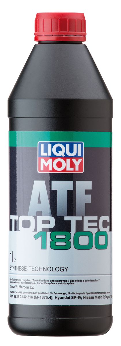 Масло трансмиссионное Liqui Moly Top Tec ATF 1800, НС-синтетическое, 1 л2381 Масло трансмиссионное Liqui Moly Top Tec ATF 1800, НС-синтетическое, 1 л2381Масло трансмиссионное Liqui Moly Top Tec ATF 1800 - HC-синтетическая жидкость для автоматических трансмиссий легковых автомобилей со специальным адаптивным пакетом присадок, отвечающая требованиям широкого круга производителей агрегатов и транспортных средств, даже при сильных температурных колебаниях. Top Tec ATF 1800 создано на базе специально отобранных маловязких масел HC-синтеза и высококачественного пакета присадок, обеспечивающего четкие переключения передач, отличную совместимость с материалами трансмиссии и гарантирующего максимальную универсальность применения.Особенности: - Имеет очень высокий индекс вязкости- Гарантирует очень высокую стабильность вязкостно-температурных характеристик- Обладает превосходными низкотемпературными свойствами- Универсально применимоДопуск: -Dexron: VI-Ford: Mercon LV