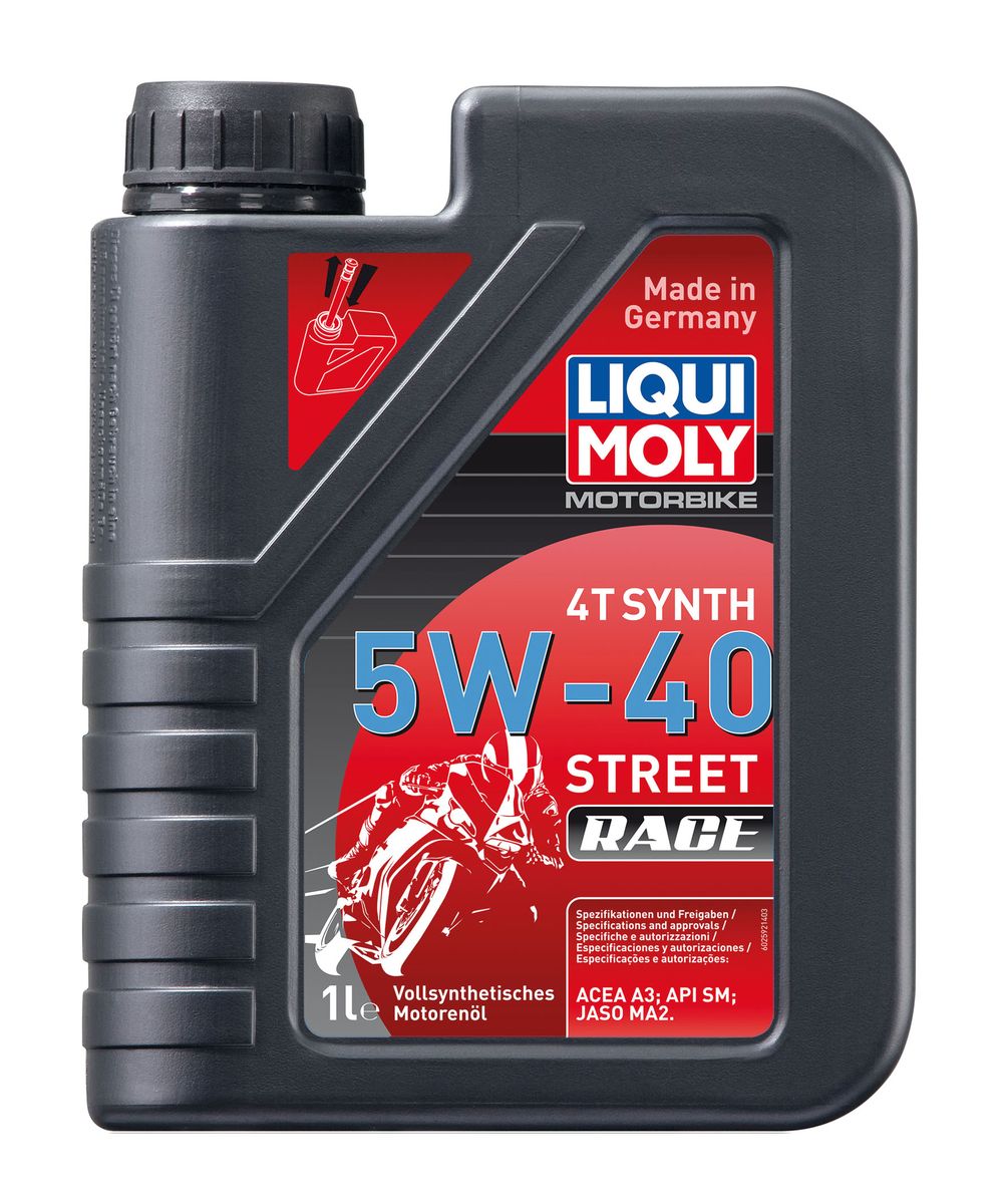 Масло моторное Liqui Moly Motorbike 4T Synth Street Race, синтетическое, 5W-40, 1 л2592 Масло моторное Liqui Moly Motorbike 4T Synth Street Race, синтетическое, 5W-40, 1 л2592Масло моторное Liqui Moly Motorbike 4T Synth Street Race предназначено для эксплуатации гоночной мототехники на дорогах с твердым покрытием. Универсального применения. Особо рекомендуется для техники, производства с 2010 года марок Piaggio, Aprilia, BMW. Для высоконагруженных мотоциклетных двигателей с мокрым и сухим сцеплением, воздушного и водяного охлаждения. Современная формула сочетает высокостабильную ПАО-базовую основу с современными присадками. Масло совместимо с фрикционными материалами сцепления даже на особо мощных мотоциклетных двигателях. Отменно противостоит пенообразованию на высоких оборотах. Подобранная вязкость гарантирует максимальную мощность в сочетании с оптимальной защитой двигателя. Полностью синтетическая базовая основа обеспечивает: - стабильность вязкости в эксплуатации, - стабильное смазывание при высоких оборотах, - чистоту двигателя, - высокую защиту двигателя от износа, - низкий расход масла на угар, - легкий запуск двигателя, - низкий расход топлива, -отличные антипенные свойства. Допуск: - API: SM- ACEA: A3- JASO: MA2