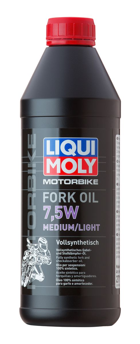 Масло для вилок и амортизаторов Liqui Moly Motorbike Fork Oil Medium/Light, синтетическое, 7,5W, 1 л2719 Масло для вилок и амортизаторов Liqui Moly Motorbike Fork Oil Medium/Light, синтетическое, 7,5W, 1 л2719Масло для вилок и амортизаторов Liqui Moly Motorbike Fork Oil Medium/Light - 100% ПАО-синтетическое масло для использования в качестве демпфирующей жидкости в гидравлических амортизаторах мотоциклов и другой мототехники. Обладает малой вязкостью, оптимально для использования в подвесках с увеличенным ходом, согласно рекомендациям производителей. Препятствует вспениванию, облегчает ход вилки, снижает износ. Обеспечивает плавный ход и отличную амортизацию. Повышает безопасность езды.