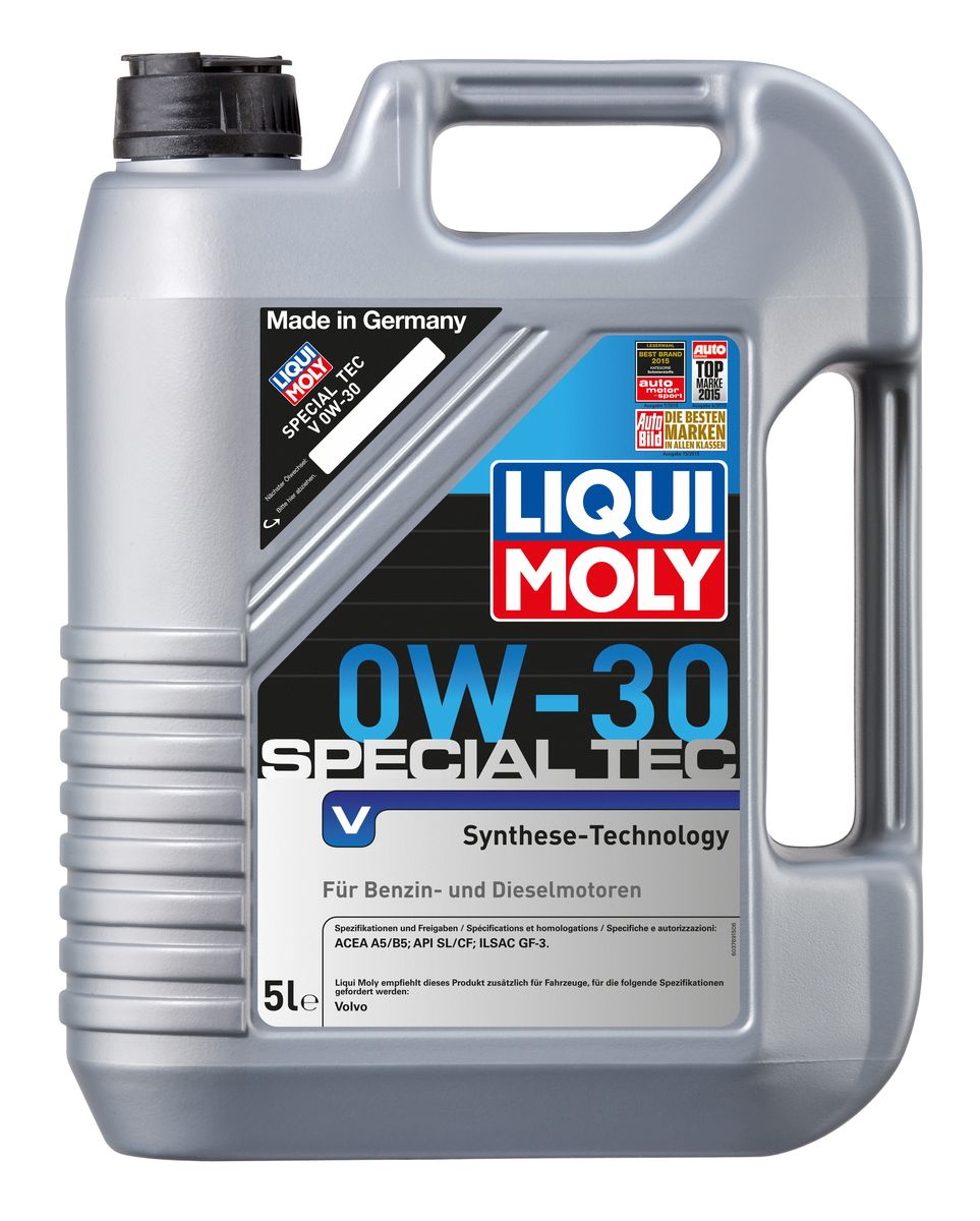 Масло моторное Liqui Moly Special Tec V, НС-синтетическое, 0W-30, 5 л2853 Масло моторное Liqui Moly Special Tec V, НС-синтетическое, 0W-30, 5 л2853Масло моторное Liqui Moly Special Tec V рекомендуется для автомобилей Volvo. НС-синтетическое легкотекучее моторное масло обладает отличной термоокислительной стабильностью, эффективно снижает износ, уменьшает потери на трение, предотвращает загрязнение двигателя. Оптимально для современных двигателей с управлением фазами ГРМ и высотой подъема клапанов, турбонаддувом, интеркулером, охлаждением газов рециркуляции. Используемая в Special Tec V рецептура базовых компонентов на основе новейших технологий синтеза, обеспечивает высочайшие защитные свойства в сочетании с отличными низкотемпературными характеристиками масла. Использование современного пакета присадок обеспечивает исключительную защиту от износа и снижение расхода топлива. Особенности: - Отличные пусковые свойства в мороз- Быстрое поступление масла ко всем деталям двигателя при низких температурах- Сокращает расход топлива и эмиссию выхлопных газов- Высокая смазывающая способность- Замечательная термоокислительная стабильность и устойчивость к старению- Оптимальная чистота двигателя- Протестировано и совместимо с катализаторами и турбонаддувомДопуск: -API: CF/SL-ACEA: A5/B5-ILSAC: GF-3-Volvo: VCC 95200377
