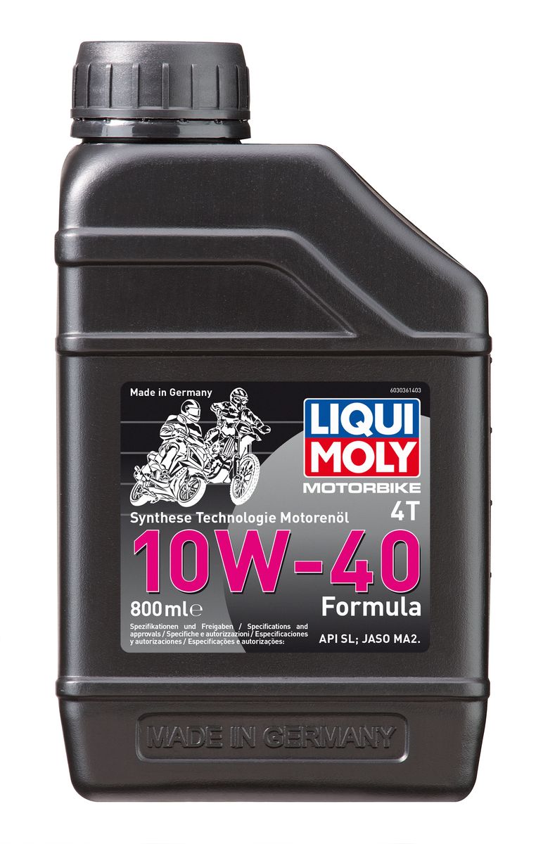 Масло моторное Liqui Moly Motorbike 4T Formula, НС-синтетическое, 10W-40, 800 мл3036 Масло моторное Liqui Moly Motorbike 4T Formula, НС-синтетическое, 10W-40, 800 мл3036Масло моторное Liqui Moly Motorbike 4T Formula предназначено для эксплуатации малокубатурной 4-тактной шоссейной мототехники с воздушным и водяным охлаждением. Универсального применения. Всесезонное. Использована НС-синтетическая базовая основа, сочетающая отличные противоизносные свойства с высоким индексом вязкости. Современный пакет присадок обеспечивает отменную совместимость с фрикционными материалами и оптимальное смазывание двигателя. Стойко к высоким температурам и оборотам двигателя. НС-синтетическая базовая основа в сочетании с современными присадками обеспечивает: - оптимальное давление в системе смазки, - стабильное смазывание двигателя, - отличные антипенные свойства, - высокую защиту двигателя от износа, - снижение шума в работе, - легкий запуск двигателя, - стойкость к высоким температурам, - превосходную чистоту двигателя. Использование моторного масла Motorbike 4T 10W-40 Formula позволяет обеспечить высокую надежность стандартных и форсированных двигателей. Применимо в подавляющем большинстве 4-тактных двигателей малого объема мотоциклов и скутеров различных производителей и годов выпуска. Смешивается со всеми стандартными маслами.Соответствие: - API: SL- JASO: MA2