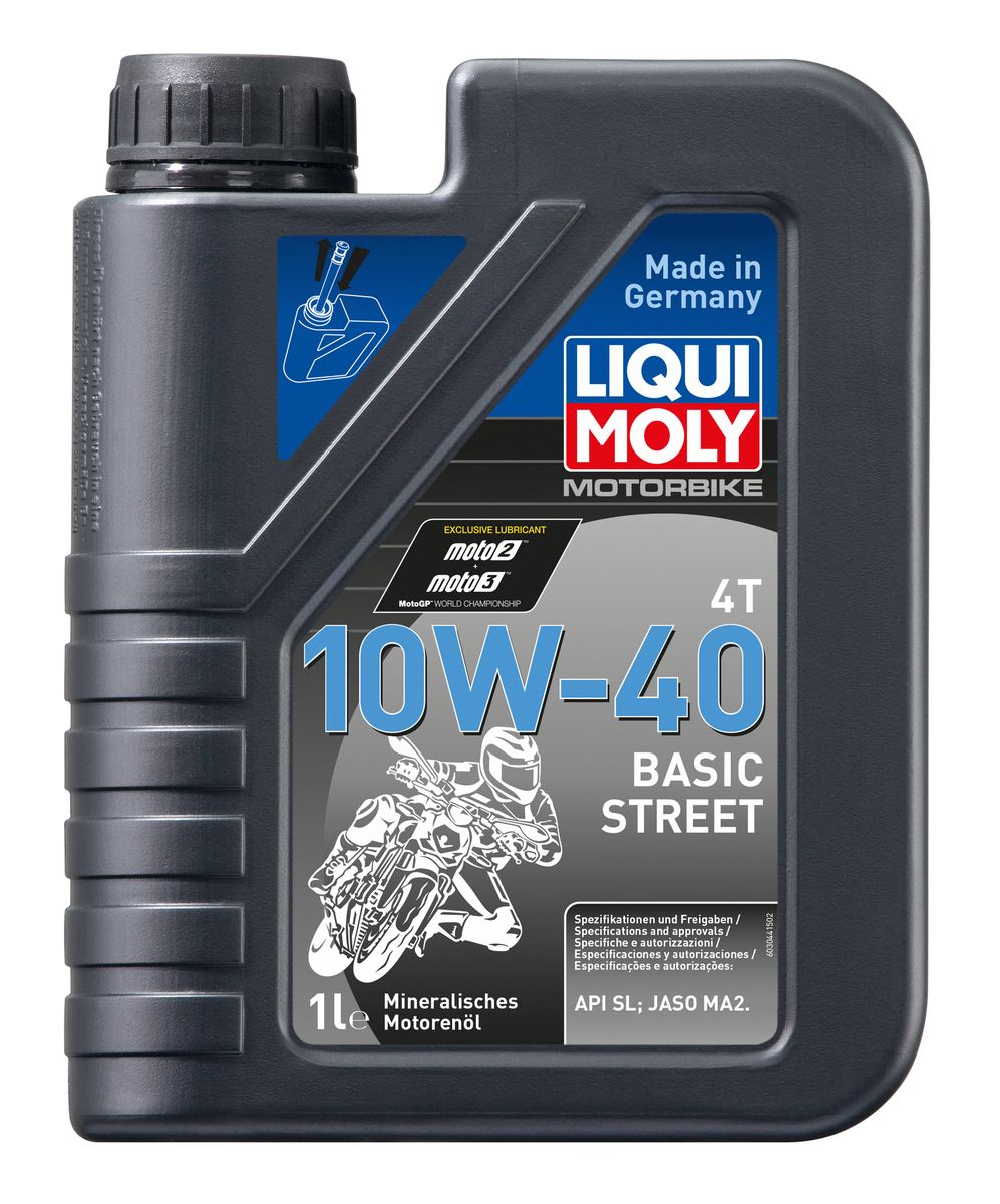 Масло моторное Liqui Moly Motorbike 4T Basic Street, минеральное, 10W-40, 1 л3044 Масло моторное Liqui Moly Motorbike 4T Basic Street, минеральное, 10W-40, 1 л3044Масло моторное Liqui Moly Motorbike 4T Basic Street предназначено для эксплуатации шоссейной мототехники на дорогах с твердым покрытием. Универсального применения, оптимально для сервисного использования. Для высоконагруженных мотоциклетных двигателей с мокрым и сухим сцеплением, воздушного и водяного охлаждения. Используется высококачественная минеральная базовая основа. Современный пакет присадок обеспечивает совместимость с фрикционными материалами и оптимальное смазывание как двигателя, так и коробки передач мототехники. Стойко к высоким оборотам двигателя. Всесезонное. Минеральная базовая основа в сочетании с современными присадками обеспечивает: - стабильное давление в системе смазки; - эффективное смазывание двигателя и КПП; - хорошие антипенные свойства; - защиту двигателя и КПП от износа; - универсальность применения; - стандартный срок службы масла. Использование моторного масла Motorbike 4T 10W-40 Basic Street позволяет обеспечить надежность стандартных мотоциклетных двигателей в условиях эксплуатации на дорогах общего пользования. Применимо в подавляющем большинстве двигателей шоссейных мотоциклов различных производителей и годов выпуска как единый продукт на весь парк техники. Смешивается со всеми стандартными маслами.Допуск: - API: SL- JASO: MA2