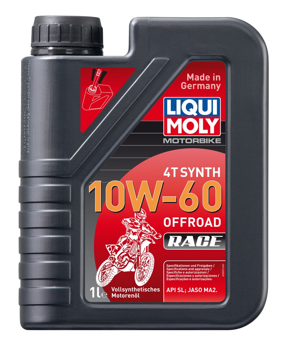 Масло моторное Liqui Moly Motorbike 4T Synth Offroad Race, синтетическое, 10W-60, 1 л3053 Масло моторное Liqui Moly Motorbike 4T Synth Offroad Race, синтетическое, 10W-60, 1 л3053Масло моторное Liqui Moly Motorbike 4T Synth Offroad Race предназначено для эксплуатации гоночной мототехники на бездорожье. Универсального применения для специально подготовленных двигателей мотоциклов для мотокросса, эндуро, квадроциклов, SxS, снегоходов. Для высоконагруженных мотоциклетных двигателей с мокрым и сухим сцеплением, воздушного и водяного охлаждения. Современная формула, сочетающая высокостабильную ПАО-базовую основу с современными присадками. Совместимо с фрикционными материалами сцепления даже на особо мощных мотоциклетных двигателях. Отменно противостоит повышенным температурам и перегреву. Особо эффективно в условиях запыленности. Хорошо отделяет воду. Подобранная вязкость гарантирует оптимальную защиту двигателя от прихвата и задиров. Максимальная защита от перегрева, выдерживает температуры до 180°С в поддоне. Универсального использования, в том числе на двигателях с большим пробегом. Полностью синтетическая базовая основа обеспечивает: - стабильность вязкости в эксплуатации, - стабильное смазывание, - чистоту двигателя, - экстремальную защиту двигателя от износа, - низкий расход масла на угар, - снижение шумности работы, - восприятие ударных нагрузок, защита от прихватов и задиров, - стойкость к высоким температурам и перегреву.